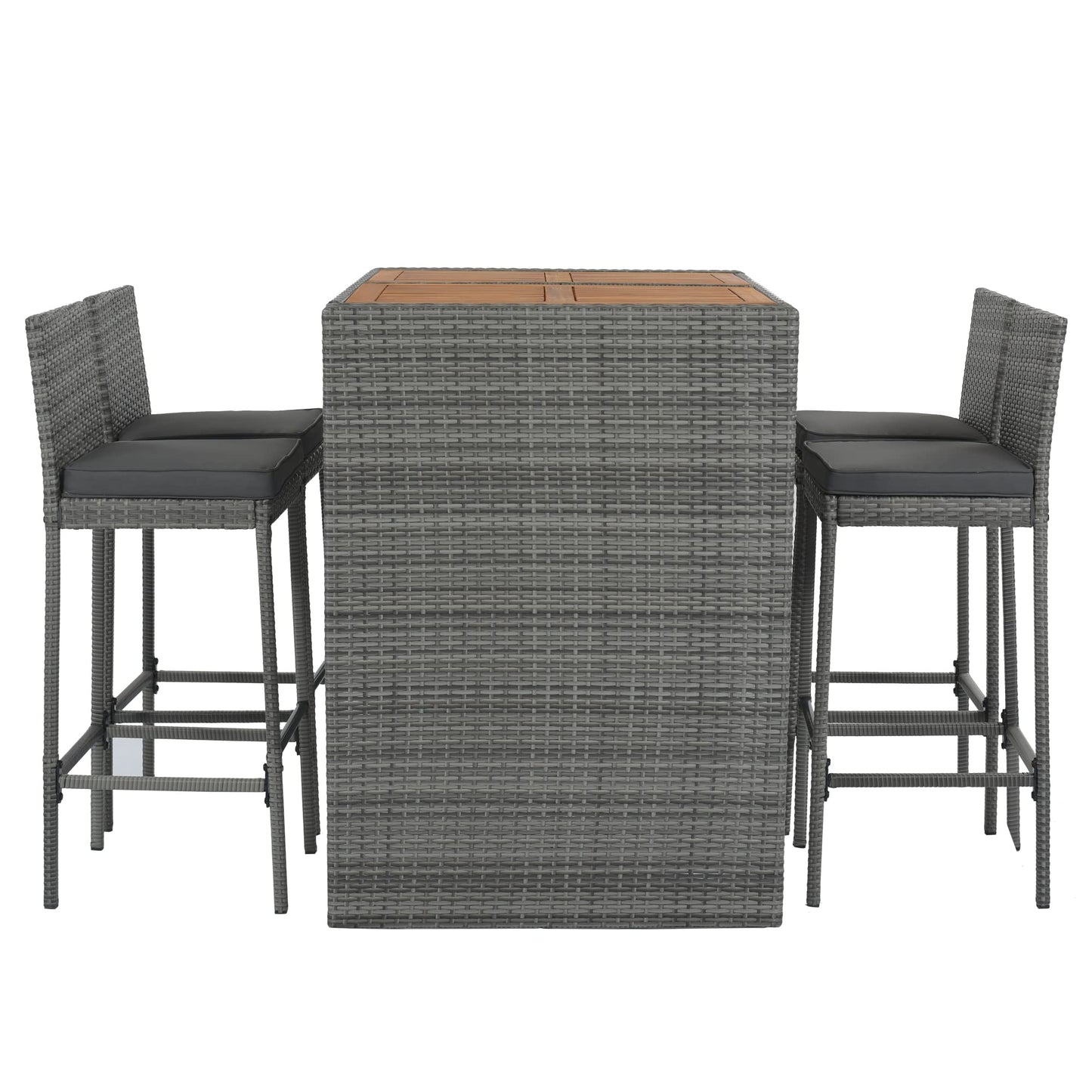 Merax 5 Pieces Outdoor Patio Wicker Bar Set, 4 Bar Height Chairs with Nonslip Feet and Gray Removable Cushion, Dining Table with Brown Acacia Wood Top and Gray Wicker