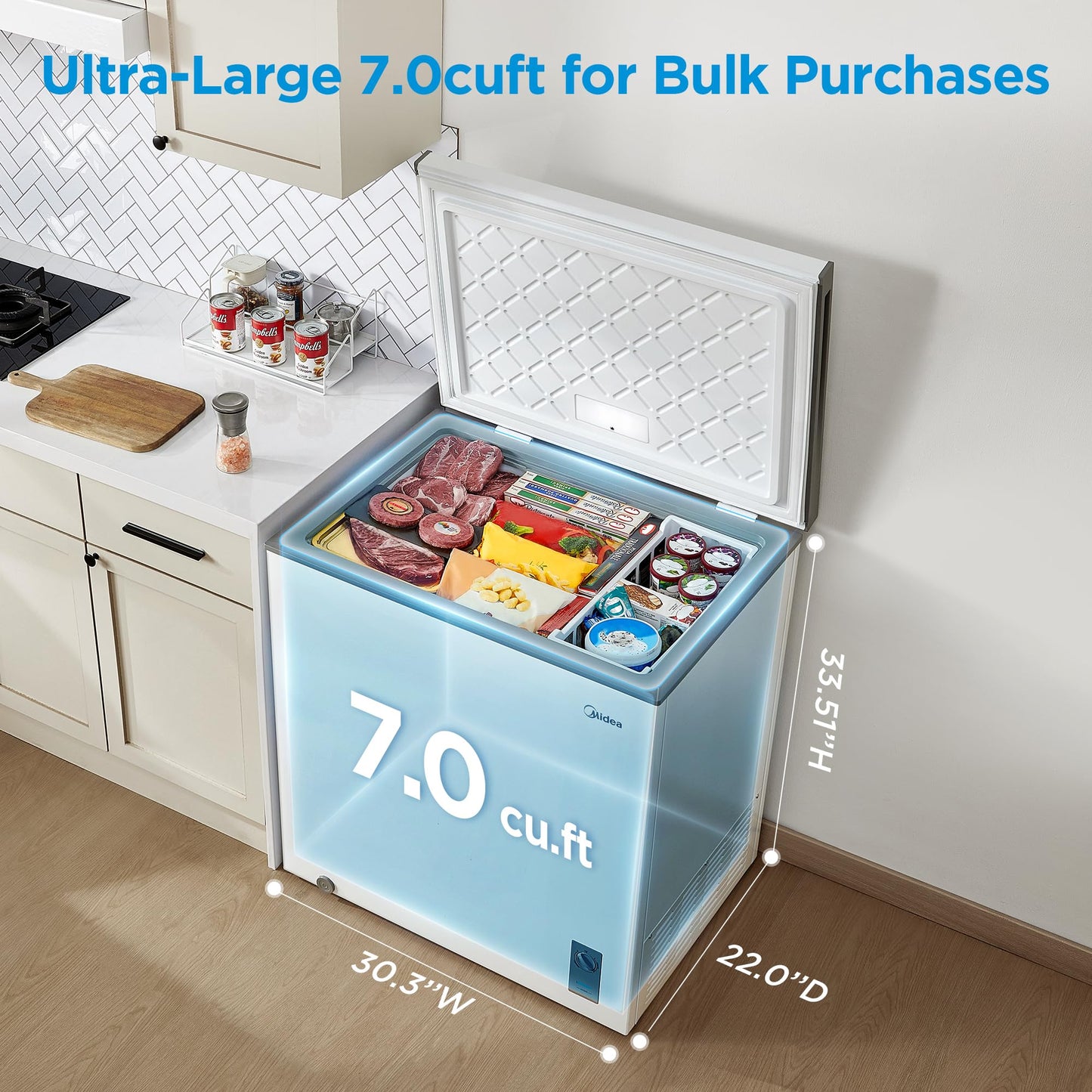 Midea MERC07C4BAWW Chest Freezer, 7.0 Cubic Feet Freezer With Removable Basket, Interior LED Light, Adjustable Temperature, For Kitchen Apartment Office, White