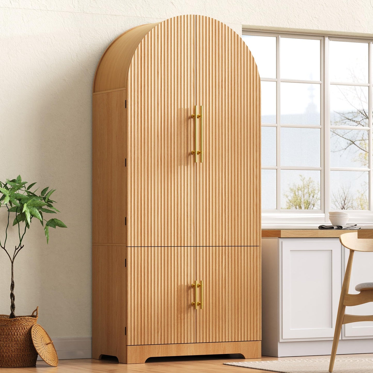 Merax 72" Tall Arched Cabinet Kitchen Pantry with 4 Doors, Fluted Storage Cabinets with 3 Adjustable Shelves & 1 Hidden Drawer & 8 Door Shelves, Versatile Cupboard for Kitchen, Dining Room, Natural
