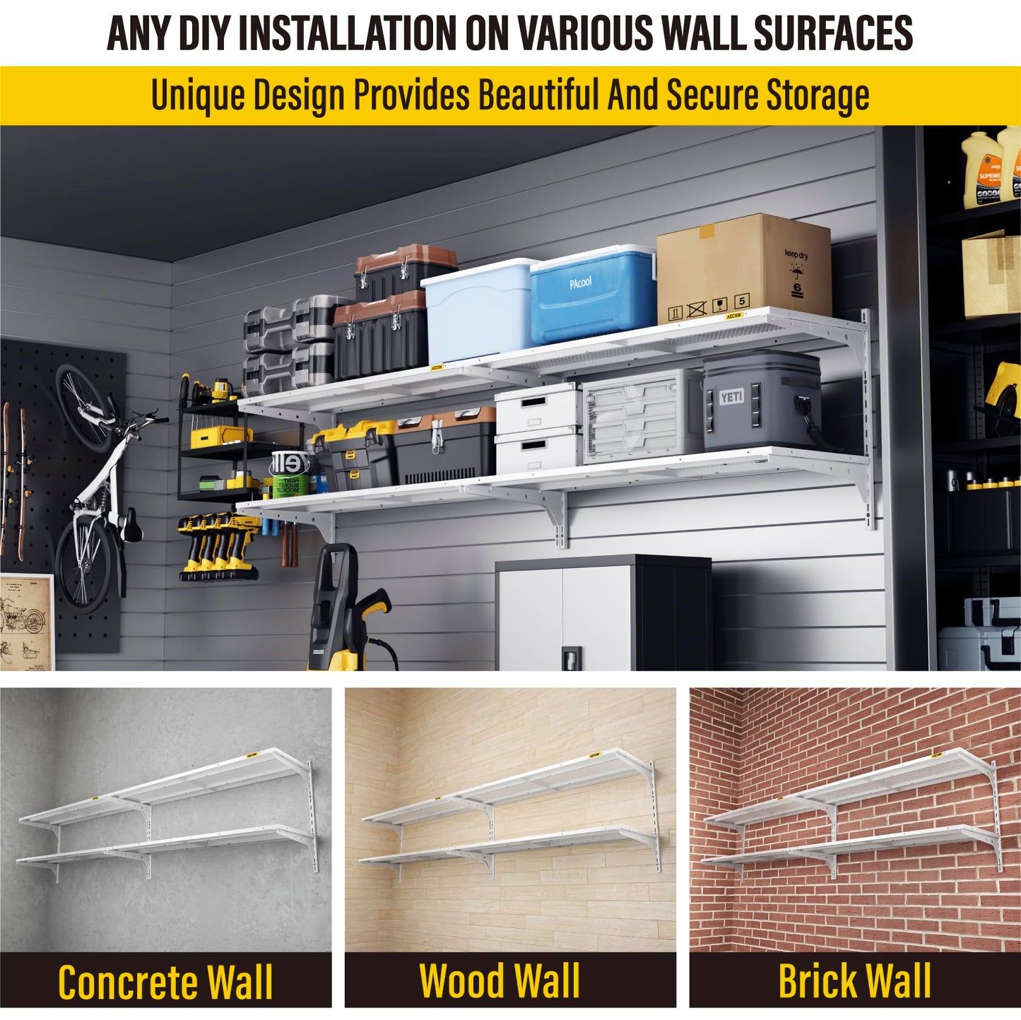 Aecxm 2-Pack 2 Tier 1.3x4ft Garage Shelving Wall Mounted, 520lbs Load Capacity，15.6x48inch per Shelf Height Cassette Adjustable Floating Shelves (White)