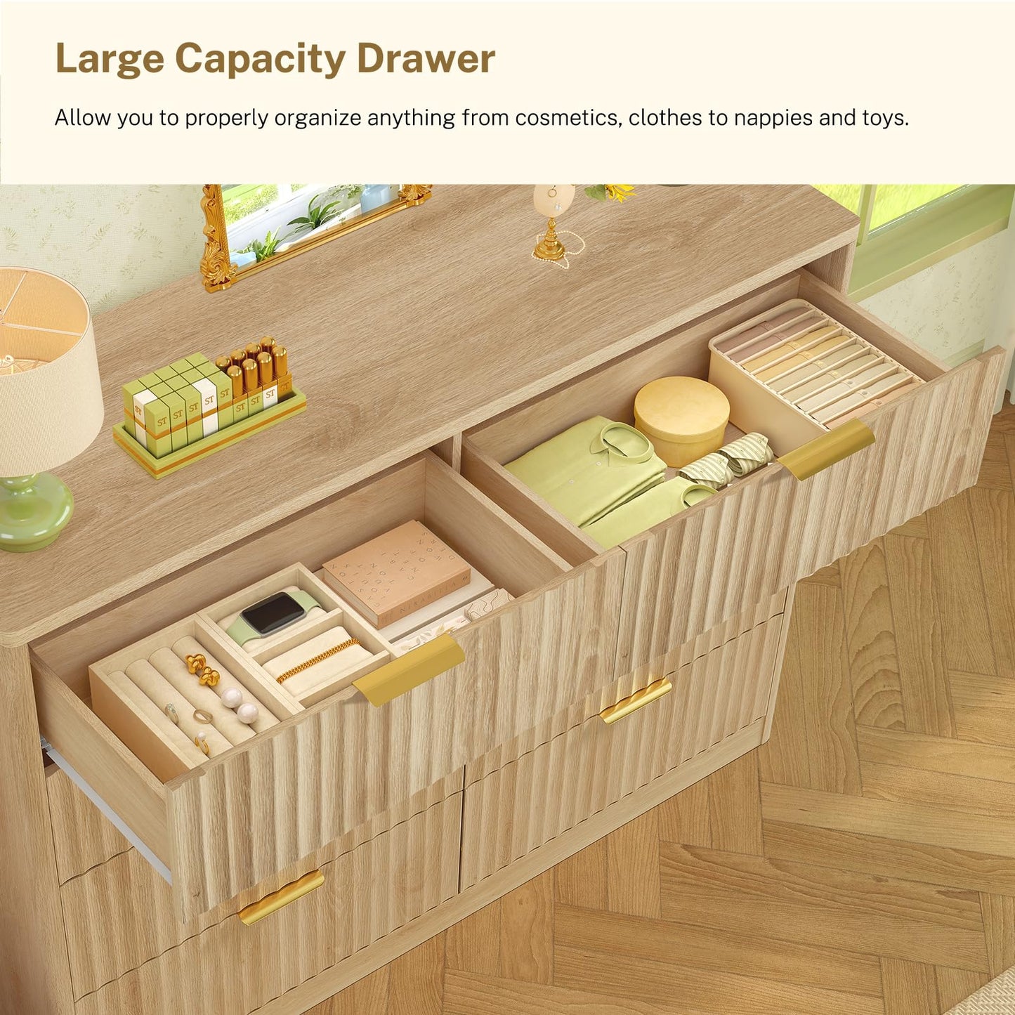 TEENOFN Fluted Dresser for Bedroom with 8 Drawers, 47.2" Wide Modern Chest of Drawers with Metal Handle, Dresser TV Stand, Wood Closet Clothes Storage Organizer for Living Room, Hallway, Natural