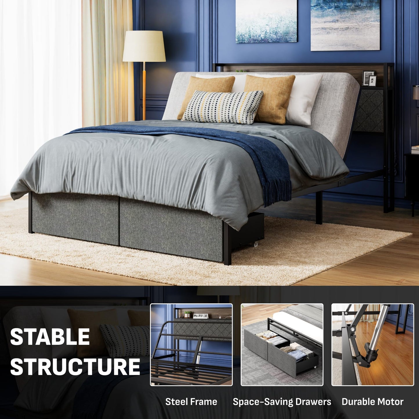 Softa Queen Adjustable Bed Frame with Storage Headboard and Charging Station, Power Head Lift with 2 Footboard Drawers, Upholstered Metal Frame, No Box Spring Needed