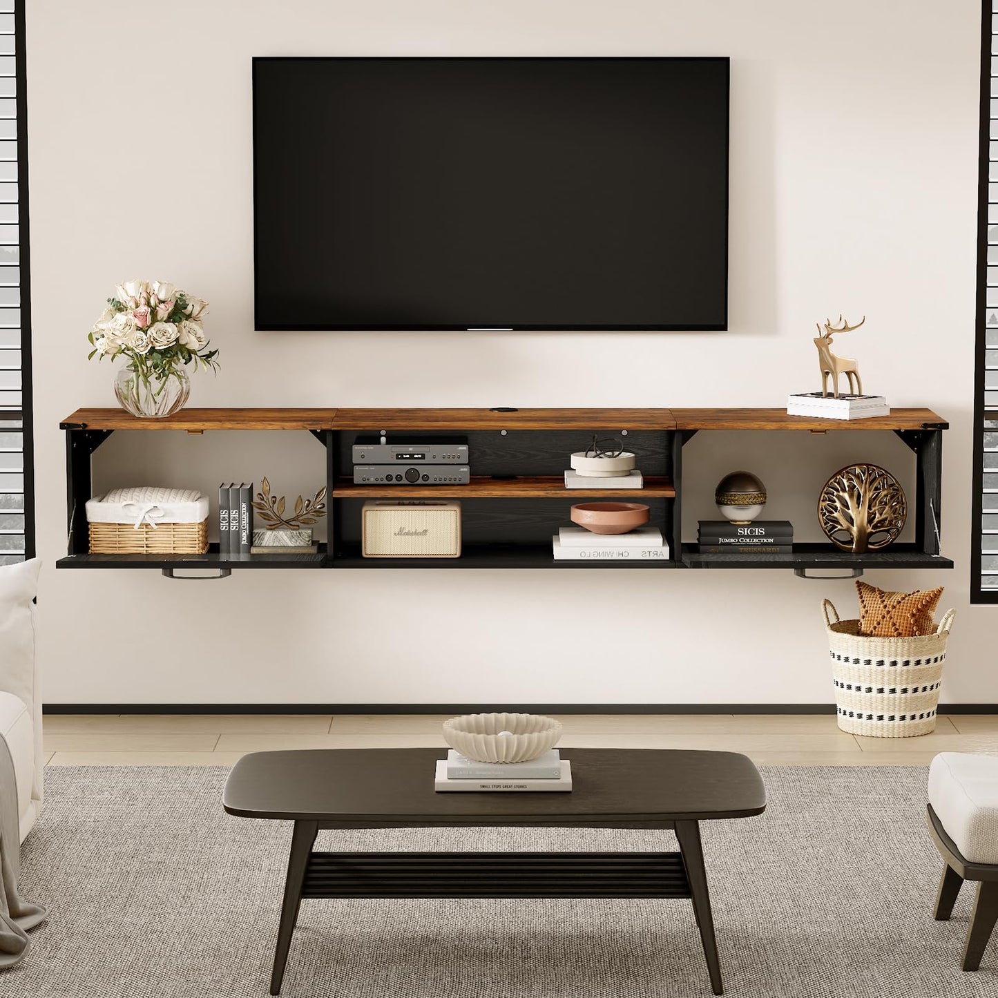 70" Farmhouse Floating TV Stand for TVs up to 90", 2-Tier Floating Entertainment Center with Flip Doors, Floating tv shelf with Storage, Wall Mounted TV Console for Living Room, Bedroom, Black