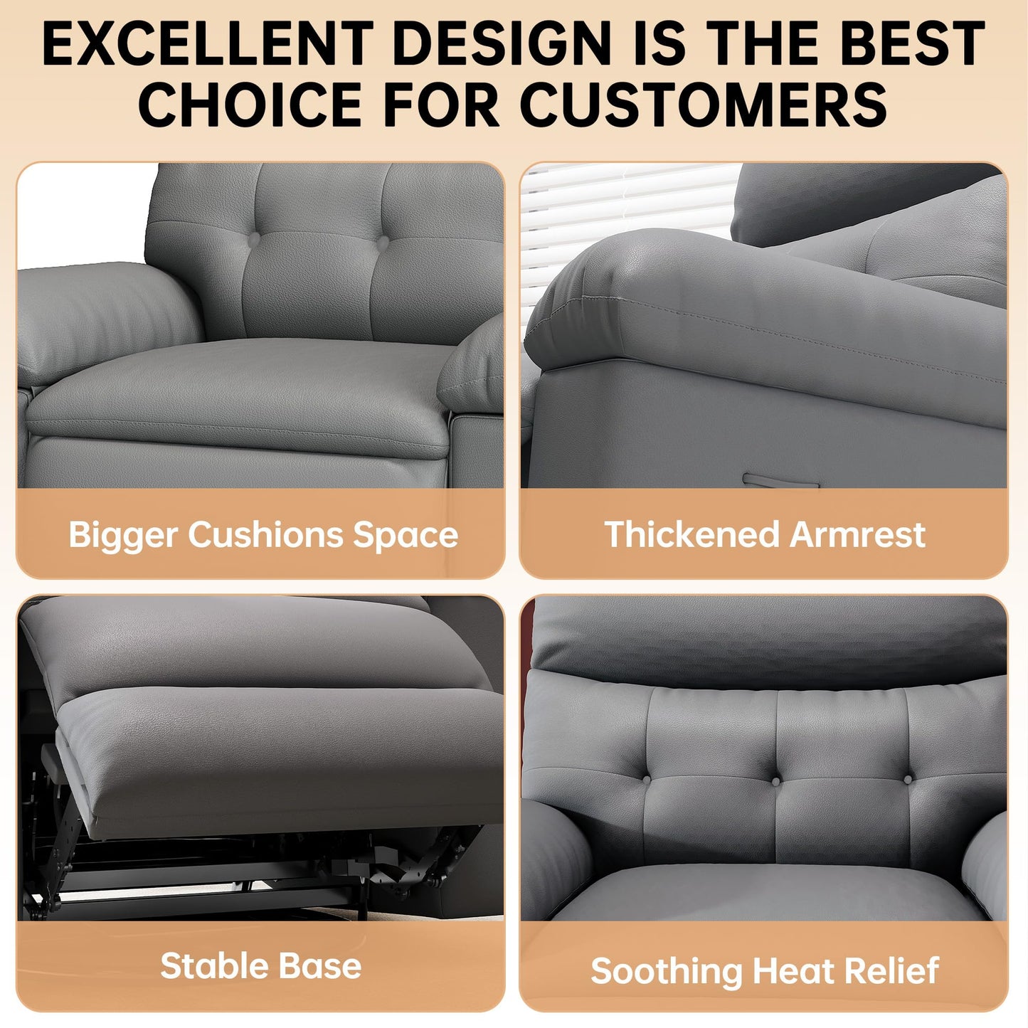 Oversized Recliner Chair with Massage, PU Leather Ergonomic Power Swivel Rocker Recliner with Side Pocket & 1.5X Sponge Filling for Living Room, Nursery, or Bedroom, Grey