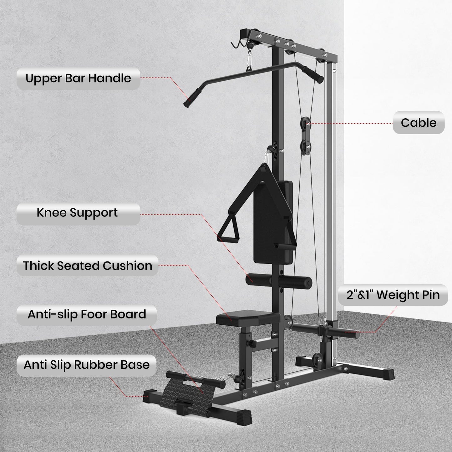 LAT Pull Down Machine for Home Gym, Cable Machine with High and Low Pulley Station, Multi-Functional LAT Pulldown Cable Machine with Leg Support, Tricep Workout Equipment