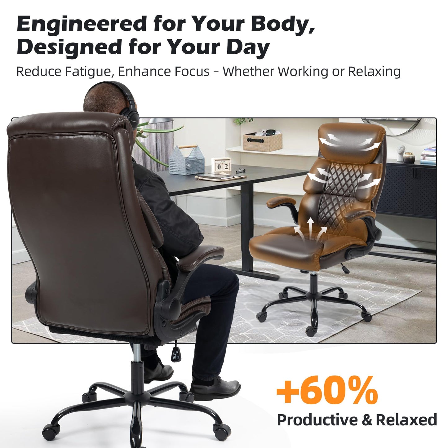 Office Chair - Ergonomic High Back Computer Desk Chair with Rocking Function & Lumbar Support - Executive Comfortable Wide Swivel Rolling Office Leather Chair with Flip-up Armrests for Home Gaming