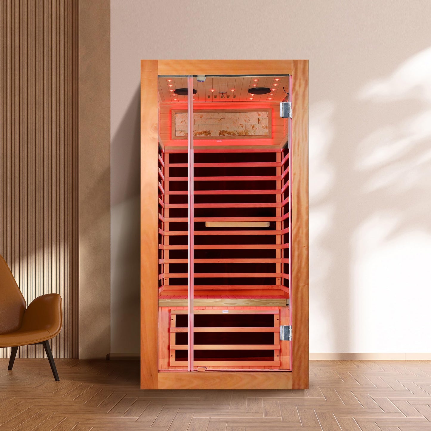 YJSPSSW Single-Person Sauna Room – Compact Infrared Heat Therapy Cabin with 7 Heating Plates, Starry Sky LED & Oguman Wood Design (900x900x1800mm)