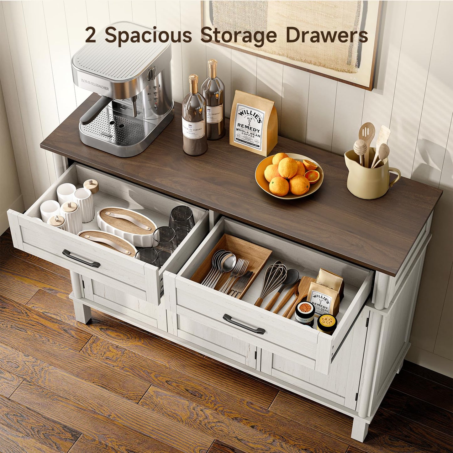 55 Inches Sideboard Buffet Cabinet with Storage, Farmhouse Sideboard Buffet w/2 Drawers and 3 Doors, Wood Kitchen Console Table with Adjustable Shelf, for Living Room, Hallway, Off White