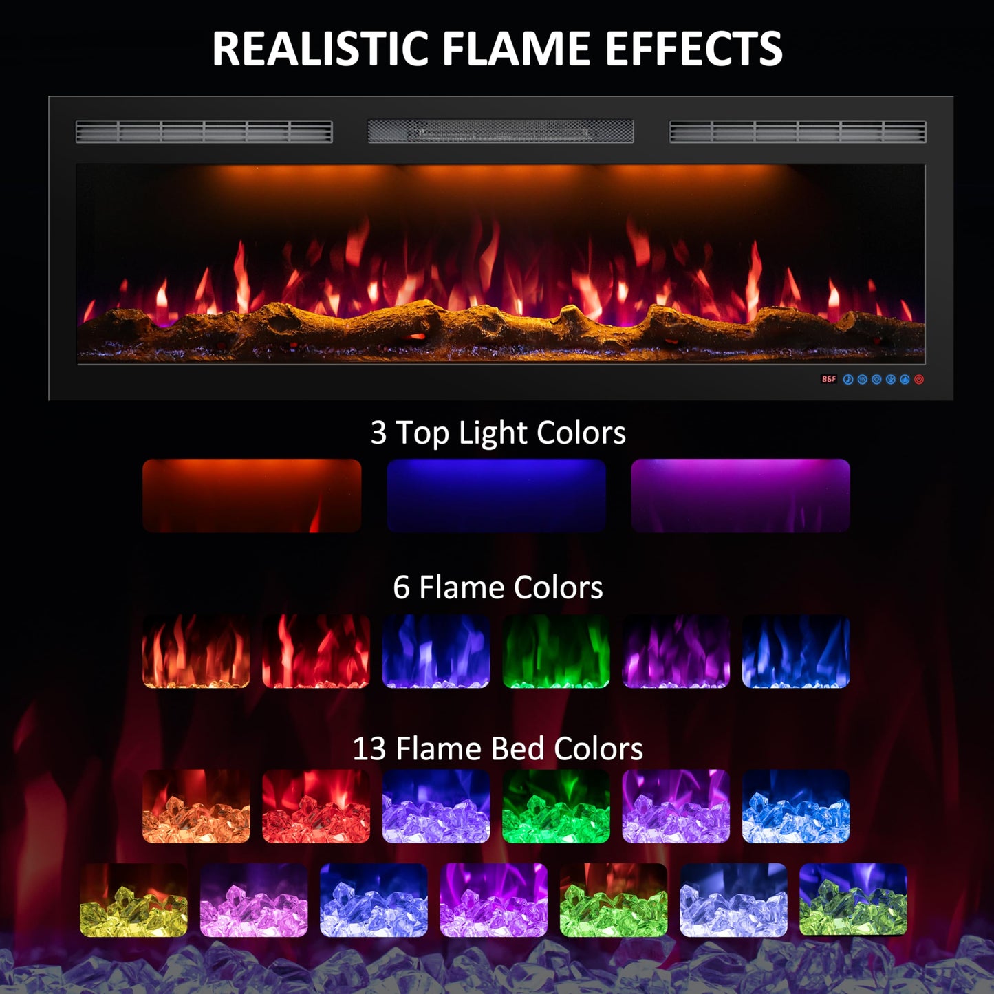 Mystflame 60 Inch WiFi Electric Fireplace Heater, Recessed or Wall Mounted, Ultra‑Slim 5.51" Deep, 750/1500W, 6 Flame Colors & 13 Ember Bed Colors,Remote & App Control, Alexa & Google Home