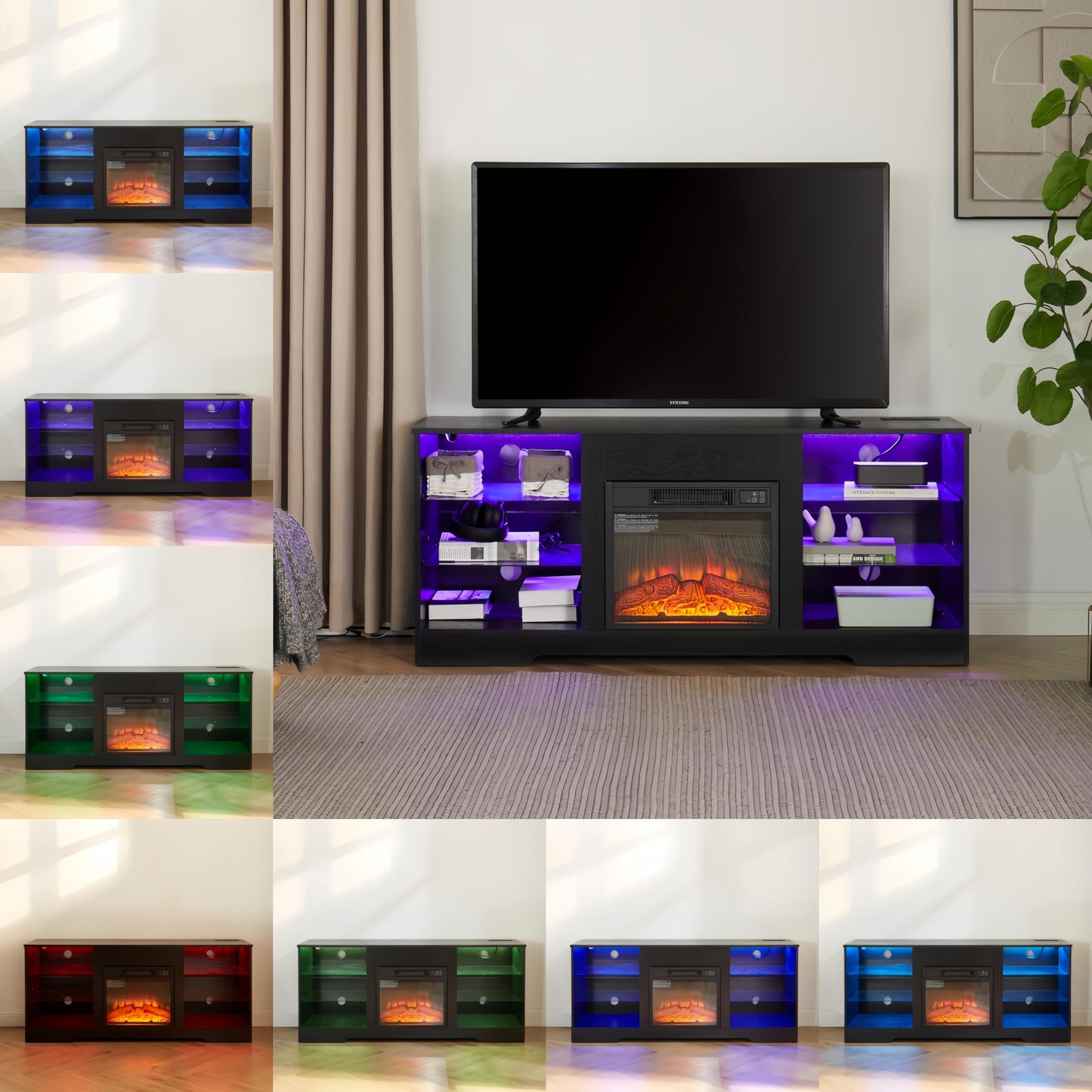 KEIKI 58" Electric Fireplace TV Stand for TVs Up to 62 inch, Modern Media Entertainment Center with LED Lights & Glass Shelves & USB Charging Outlet, TV Console Cabinet for Living Room, Black
