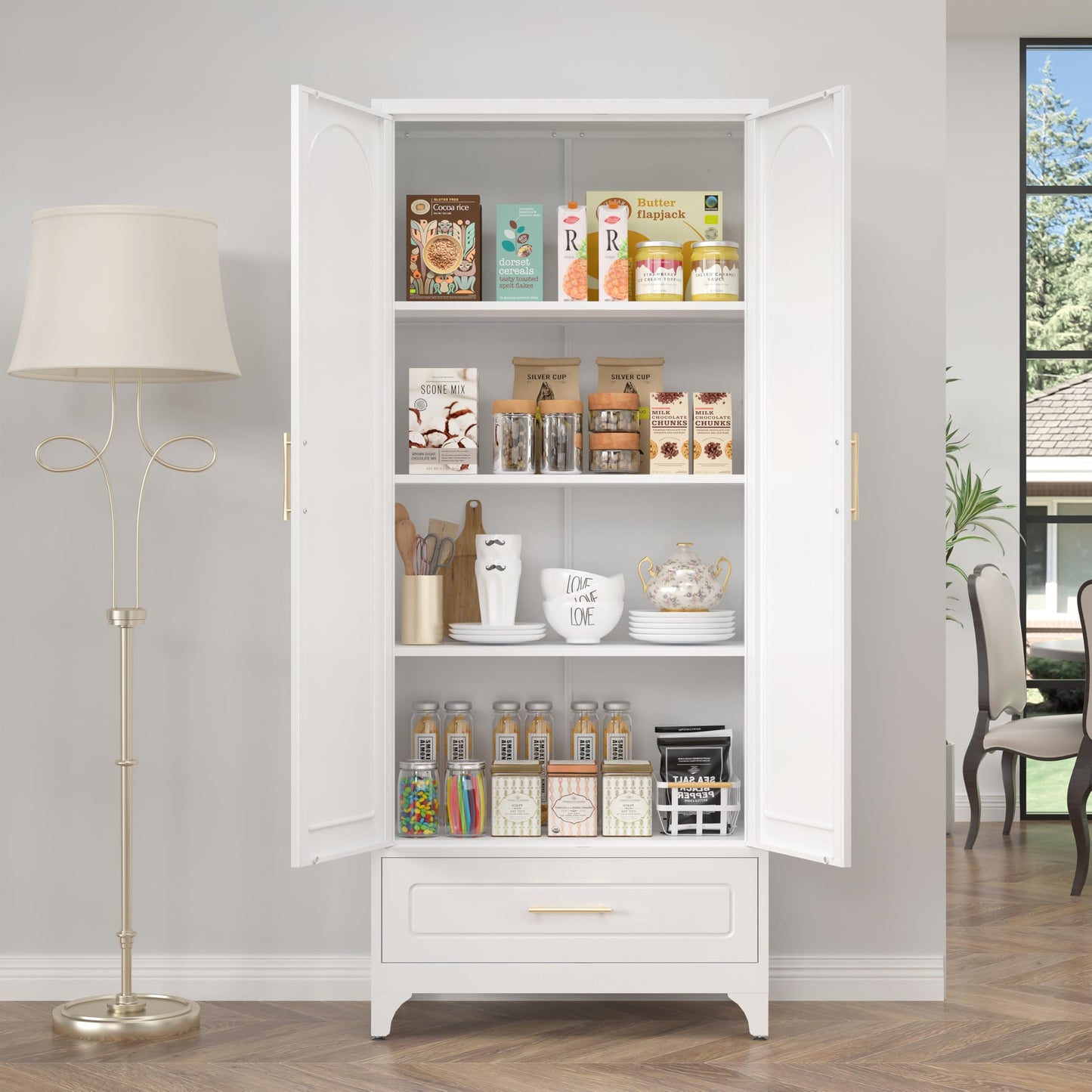 SteeLoong Metal Storage Cabinet with Drawers,75Inch White Pantry Cabinets for Kitchen Storage with 3 Adjustable Shelves,Tall Kitchen Pantry Cabinet for Living Room, Dining Room Office