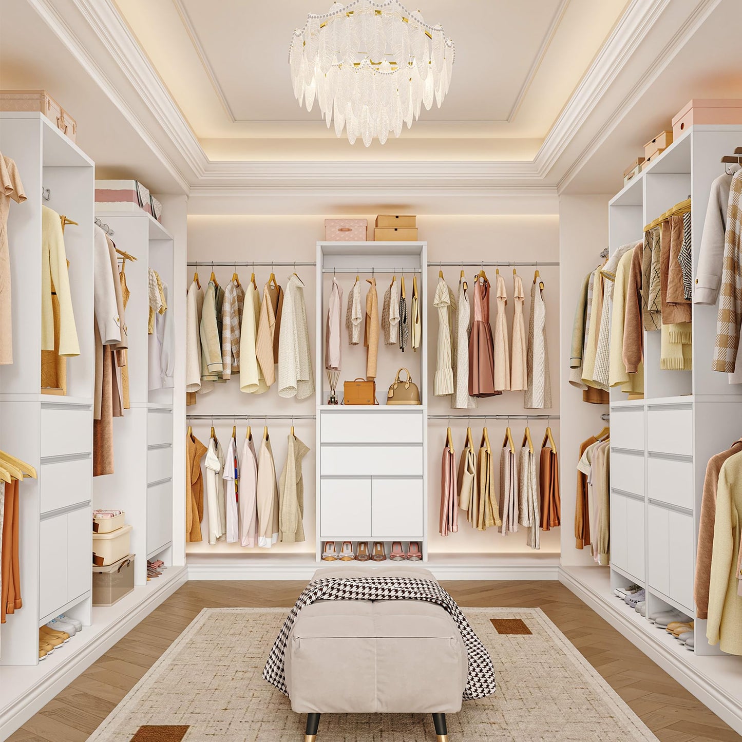 Hzuaneri Closet System with 2 Drawers, Walk-in Closet Organizer System Wooden Storage Systems with 4 Hang Rods & Shoe Cabinet, Fits Spaces 4-9.8FT, Wardrobe Clothes Rack Garment Rack, White MC00103E