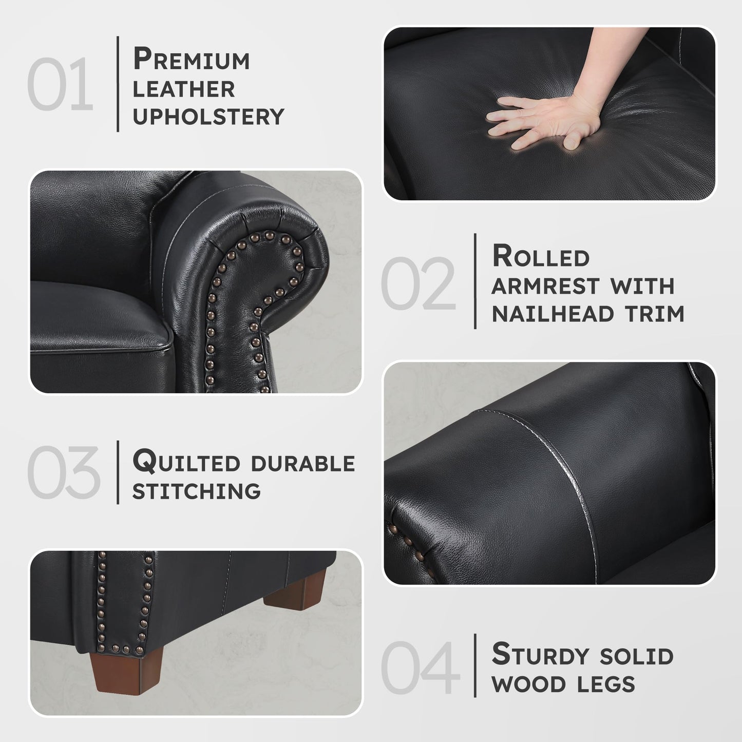 Lexicon Push Back Reclining Chair, Top Grain Leather Match Push Back Recliner Chair with Nailhead Trim, Rolled Arms, Solid Wood Legs, for Living Room/Apartment/Office, Easy Assembly, Black