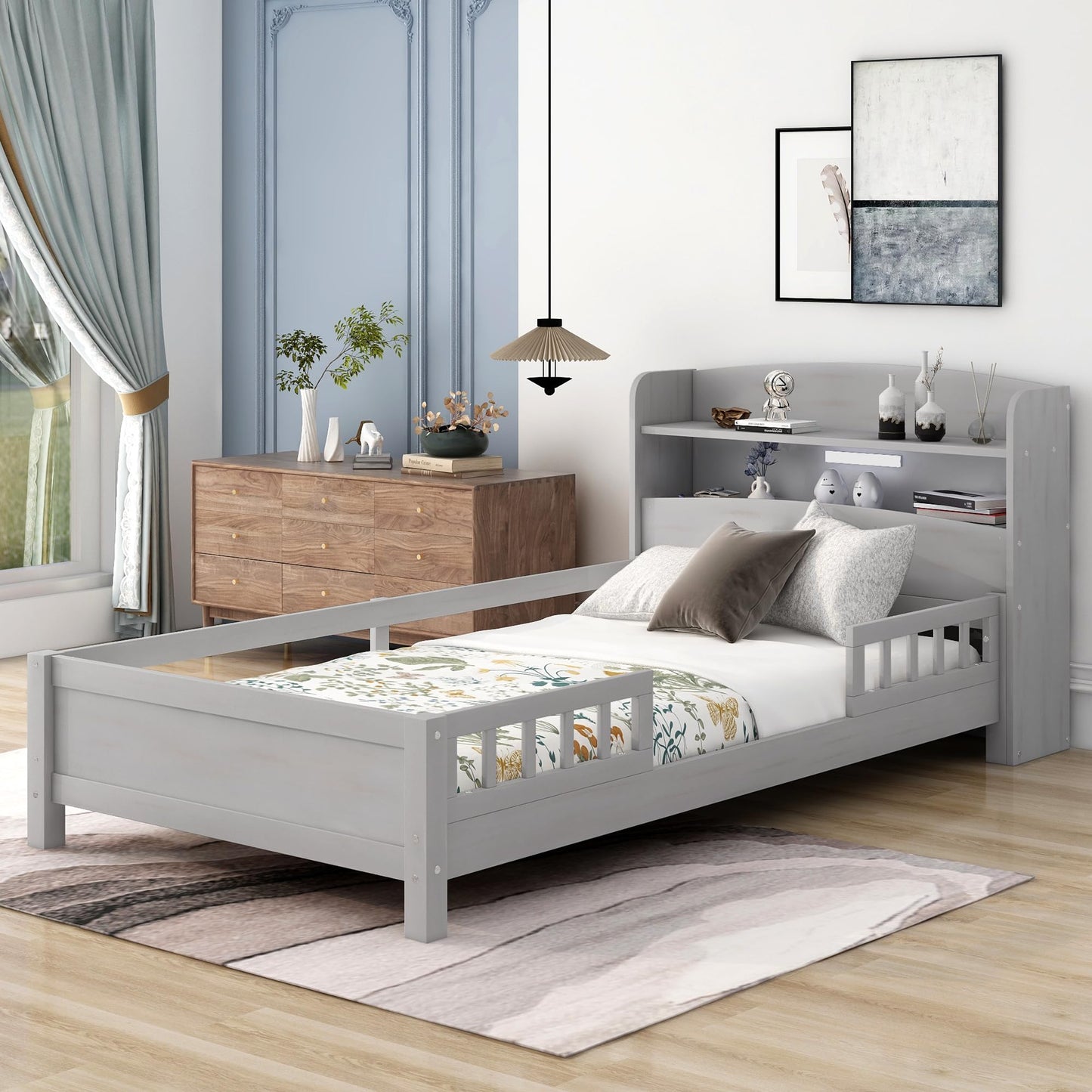 Merax Twin Bed Frame, Solid Wood Twin Size Platform Bed with Storage Headboard, Built-in Light and Safety Guardrail, Montessori Inspired Bed, No Box Spring Needed, Gray