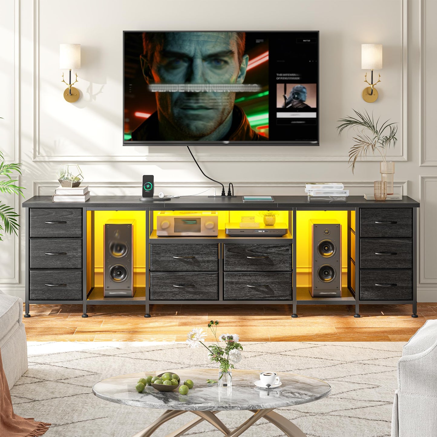 75.5" Long TV Stand for 85/80/75 Inch TVs LED Entertainment Center with Power Outlets & 10 Storage Drawers, Television Stands with 2 Wood Shelves for Living Room Gaming Room Sturdy Metal Frame, Black