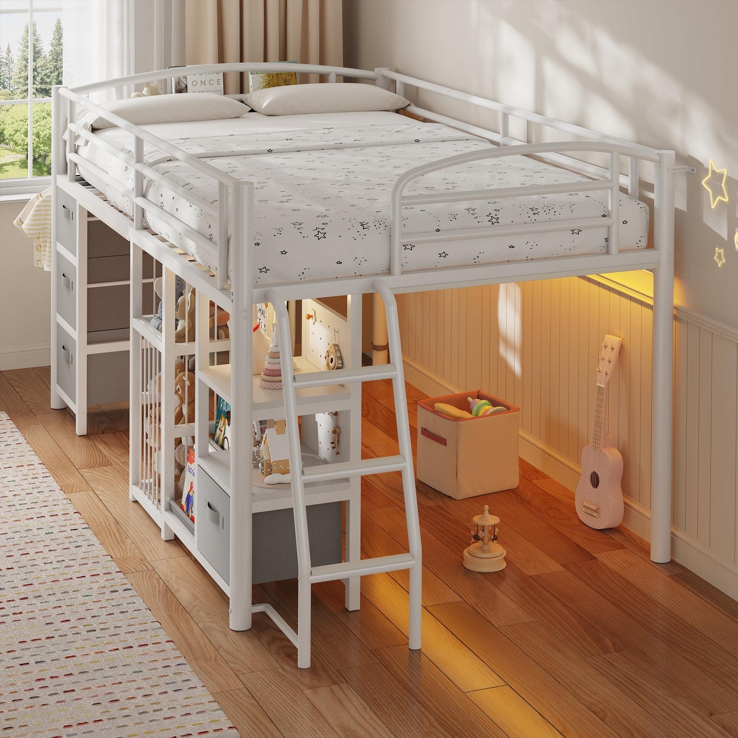 Low Loft Bed Twin Size with 4 Storage Drawers and LED Lights, Twin Loft Bed with Sling Bookcase & Toy Storage, Kids Twin Beds with Anti-Collision Pad & Play Curtain, Under-Bed Play Space, White+Grey