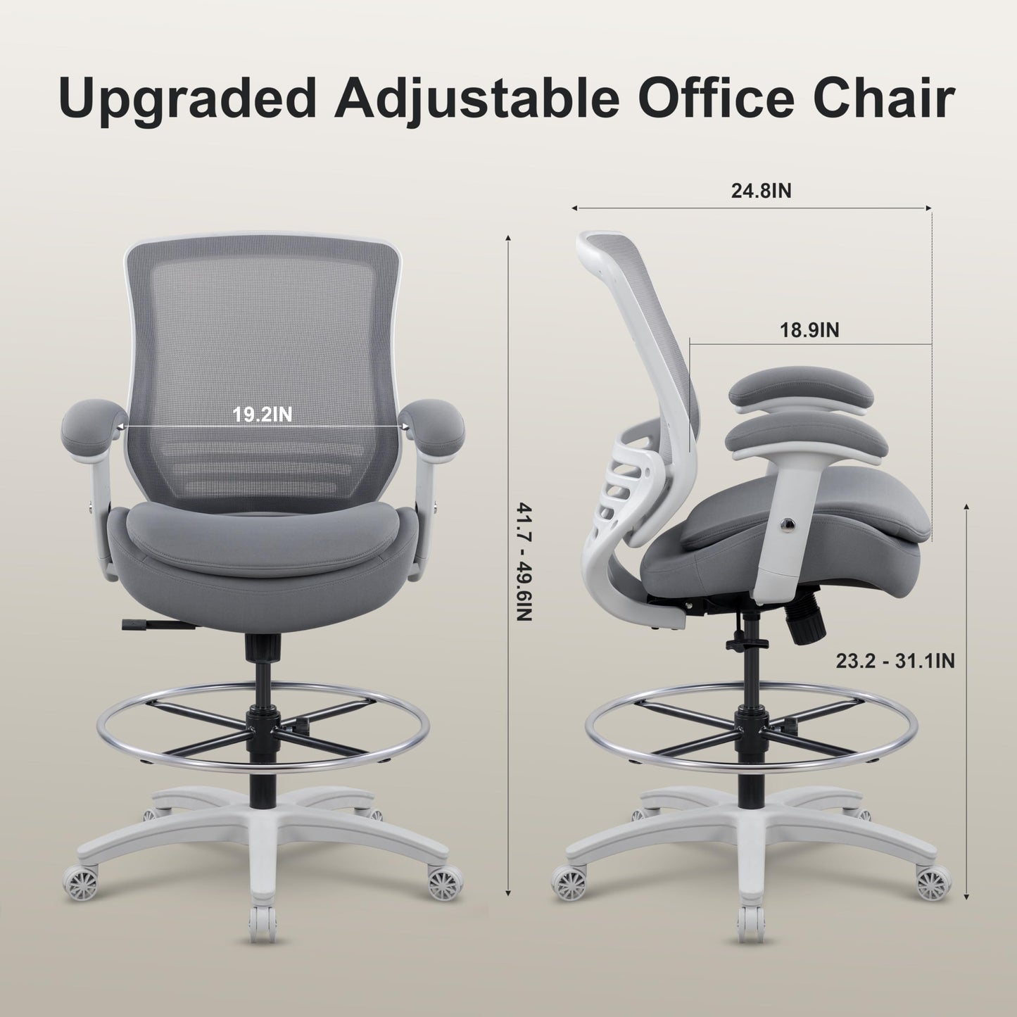 WITTLONG 400lbs Office Drafting Chair Wide Dual Seat Cushion Height Adjustable Armrest for High Standing Desk with Lumbar Support and Enlarged Adjustable Footrest (Light Gray Frame Light Gray Fabric)