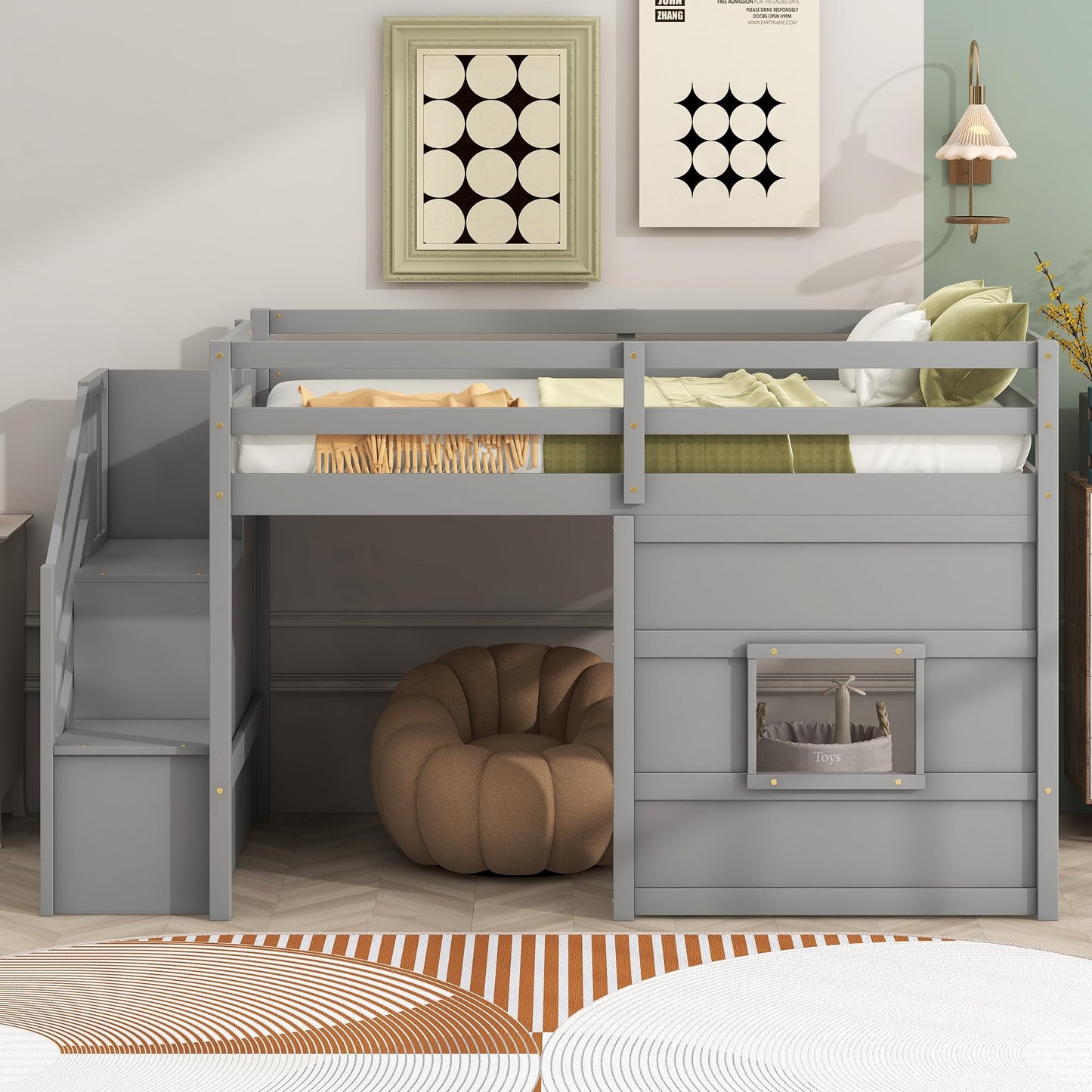Merax Twin Size Loft Bed with Storage Staircase, Solid Wood Loft Bed Frame with LED Light and Safety Guardrail, Under-Bed Play Space, Playhouse Beds for Kids, Boys, Girls,Grey