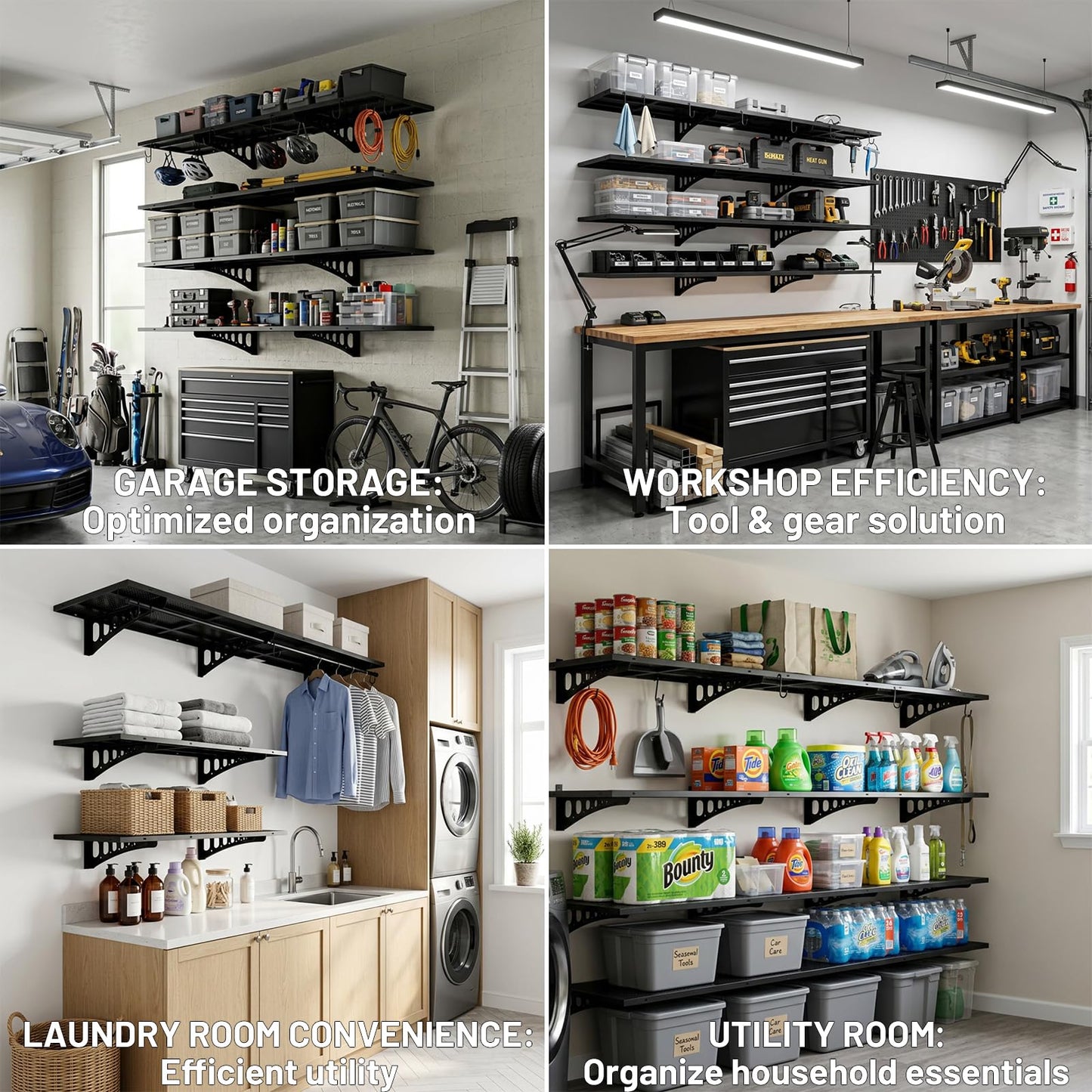 ZONEGRACE 4-Pack 1.5x4ft Garage Wall Mount Shelves, 1000 Lbs Heavy Duty Wall Shelving, Metal Organizer Rack For Garage Wall Storage Systems With Complete Install Kit & Hooks, Black