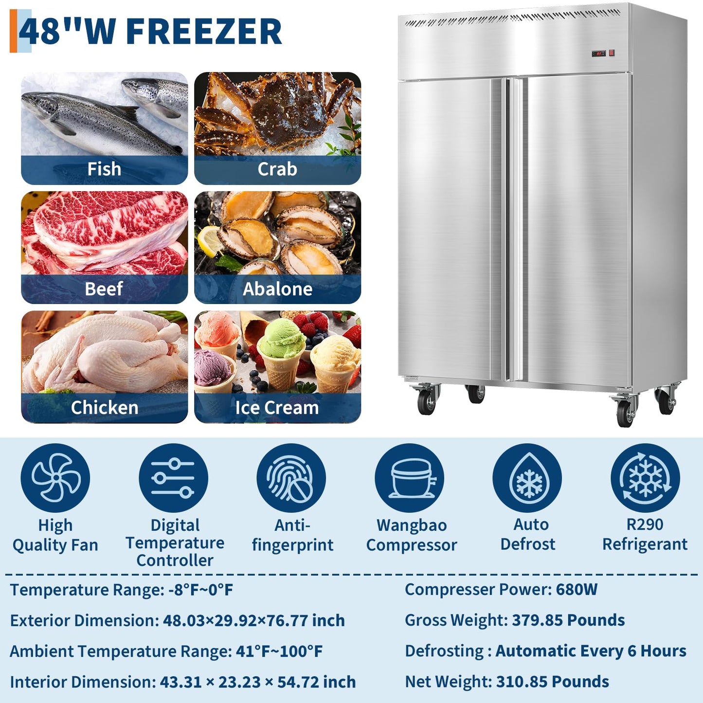 48" W Commercial Freezer -8°F~0°F with 2 Door, Reach-in 36 Cu.ft Stainless Steel Commercial Refrigerator Fan Cooling, Auto Defrost, 6 Adjustable Shelves, for Restaurant, Bar, Kitchen, Shop
