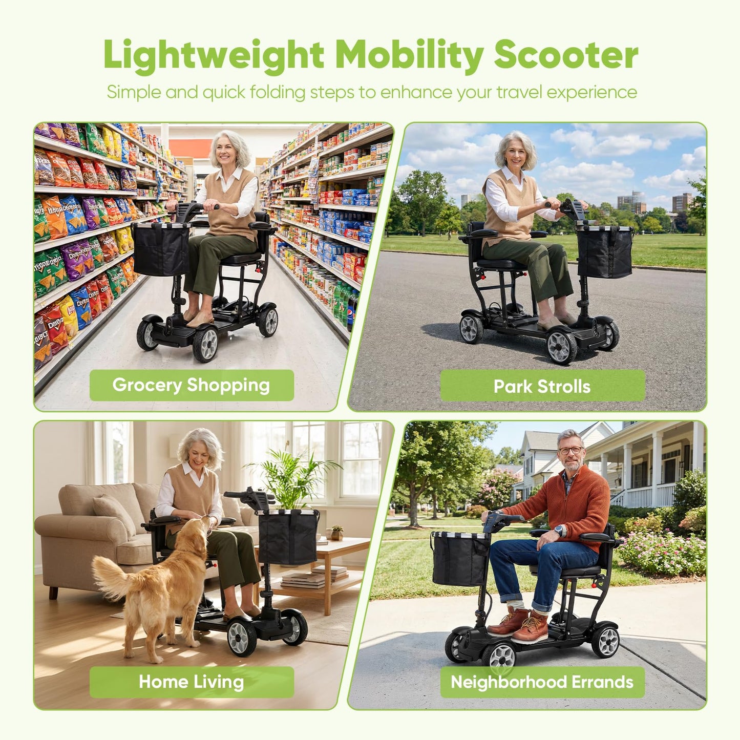 (2026 Upgrade) Lightweight Mobility Scooter for Seniors & Adults, Folding Mobility Scooters, 24.8 Miles Travel Foldable 4 Wheeler, Removable Lithium Battery, 300lb Capacity