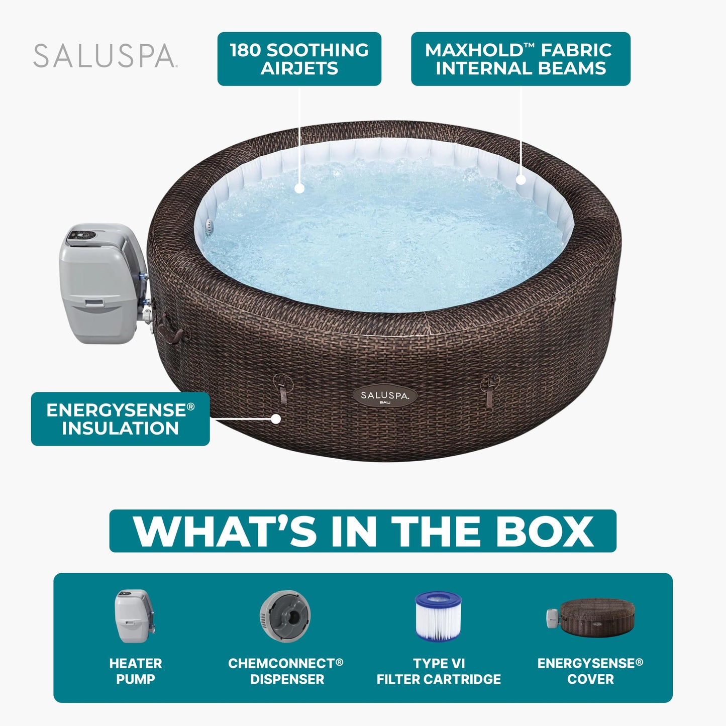 Bestway SaluSpa Bali 5 to 7 Person Inflatable Hot Tub, Round Energy-Efficient Portable Outdoor Spa with 180 AirJets, 85" x 28"