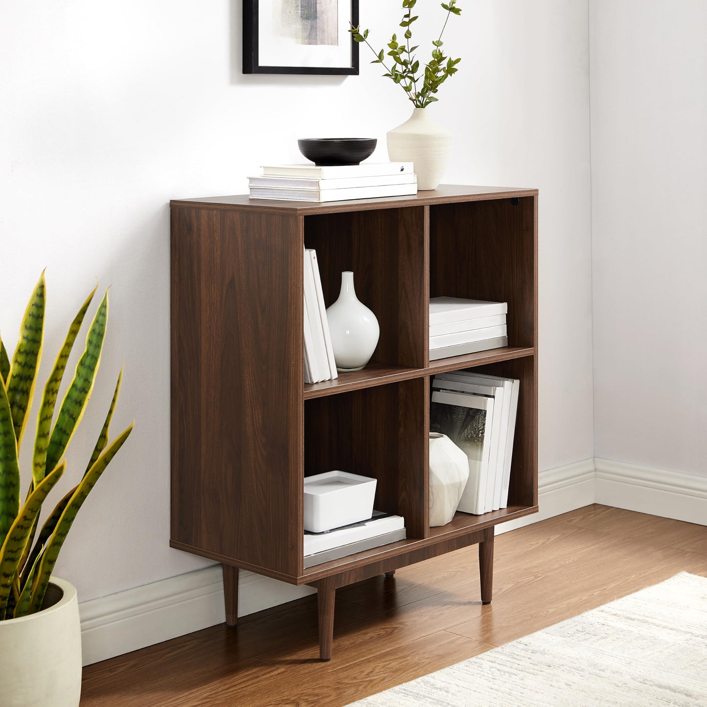 Crosley Furniture Liam Vinyl Record Storage 4 Cube Media Stand for Turntables, Mid-Century Modern Bookshelf, Walnut