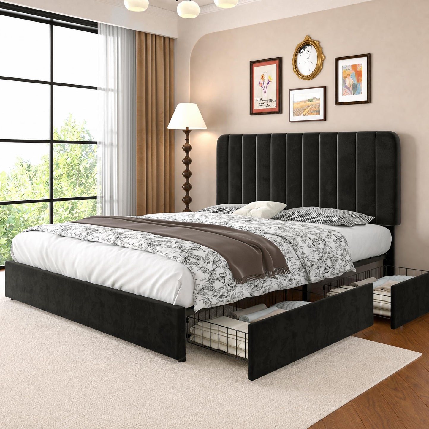 VECELO Queen Size Upholstered Bed Frame with 4 Drawers and Headboard, Velvet Platform Storage Bedframe, Wooden Slats Support, No Box Spring Needed,Black