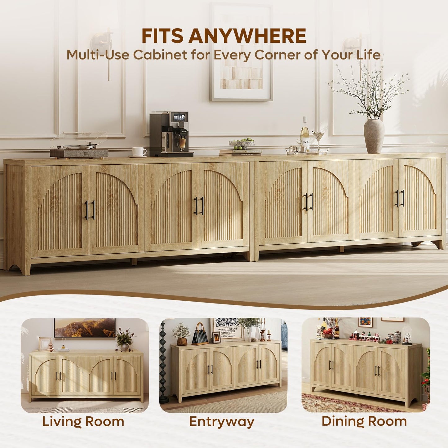 Bestier 70"W Sideboard Buffet Cabinet with Storage, Mid Century Credenza Storage Cabinet, 4 Doors Reeded Sideboard, Adjustable Shelves, Wood Buffet Long Cabinet for Living Room, Entryway, Coastal Oak