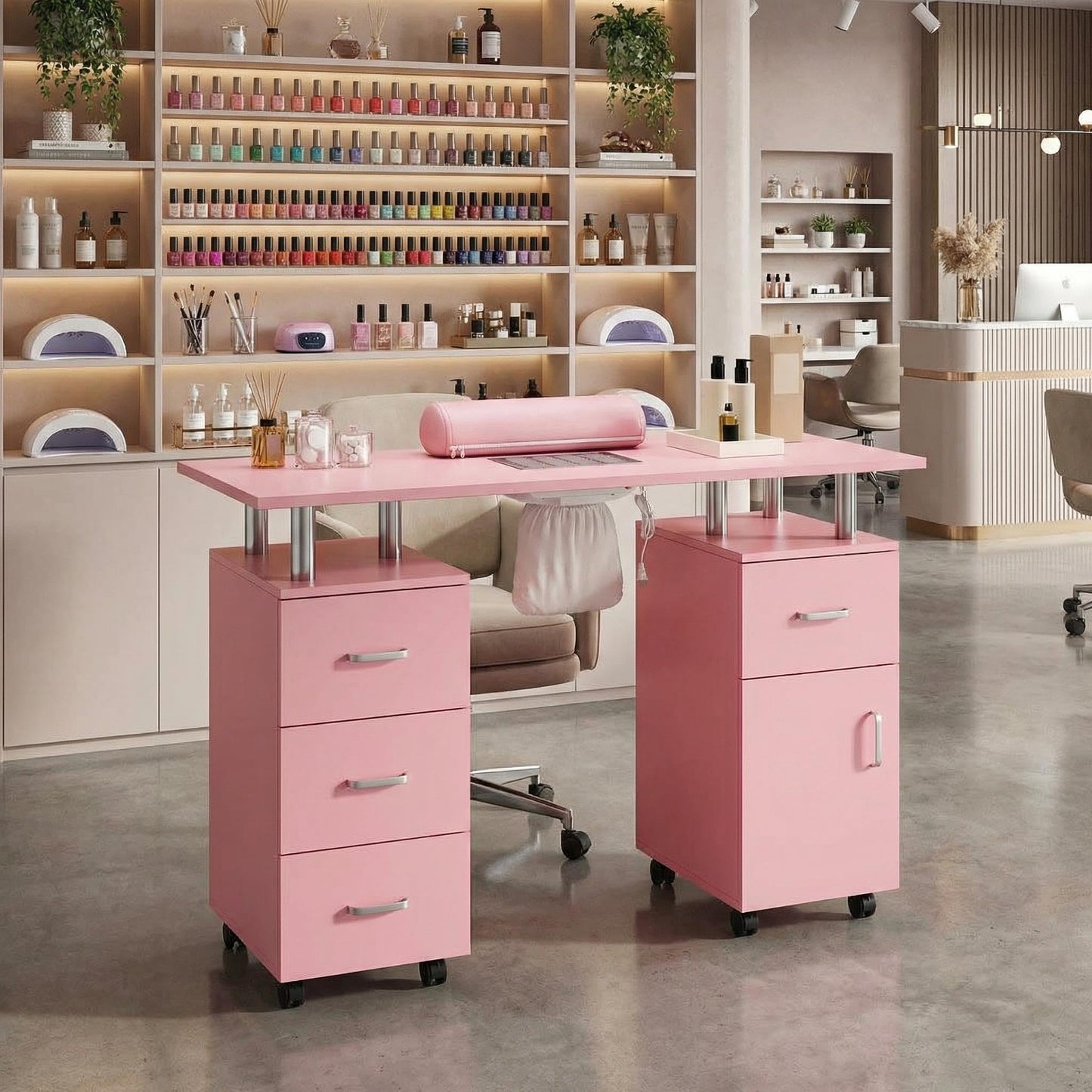 PeacefulHues Manicure Table Nail Desk, Nail Station with Electric Dust Collector, Wrist Rest and Storage Drawers Cabinet, Beauty Salon Workstation for Nail Tech, Pink