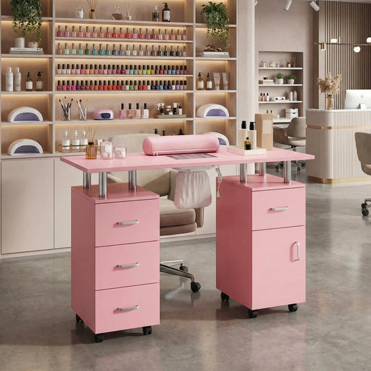 PeacefulHues Manicure Table Nail Desk, Nail Station with Electric Dust Collector, Wrist Rest and Storage Drawers Cabinet, Beauty Salon Workstation for Nail Tech, Pink