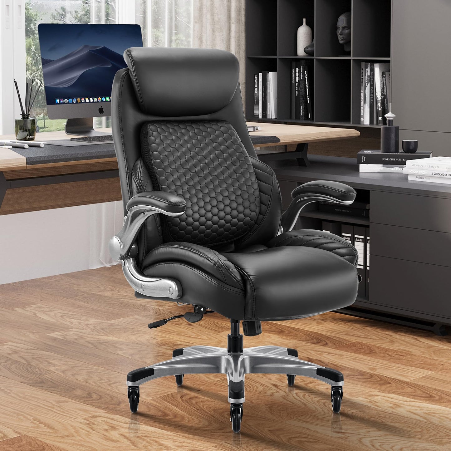 COLAMY Office Chair Ergonomic Desk High Back Executive Chair with Pop-Out Lumbar Support, Upgraded Casters, Adjustable Headrest, Flip-Up Arms, Leather Home with Thick Cushion for Comfort - Black