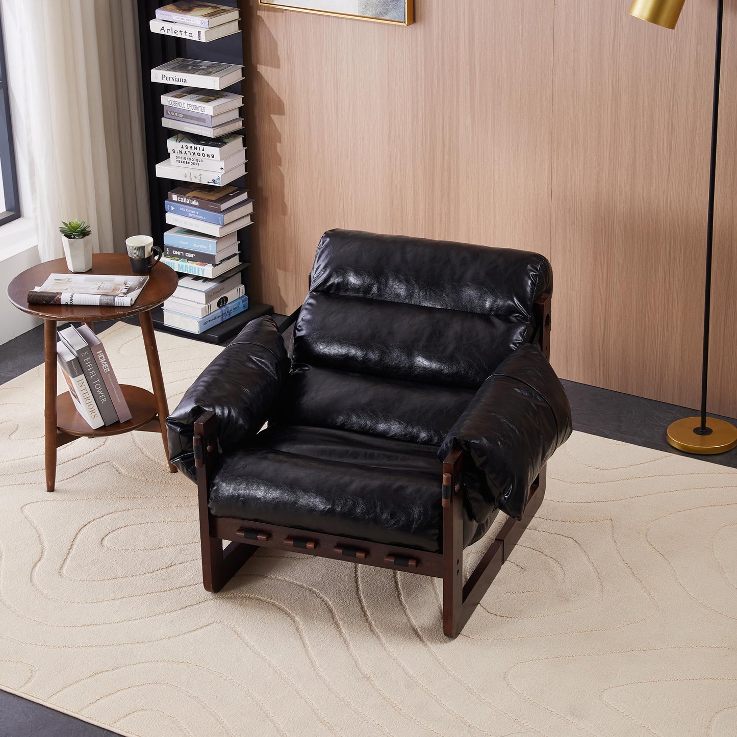 GDFStudio Aogex Oil Waxed Leather Lounge Sofa, Accent Chair, Leather Club Chair, Armchair with Removable Pillow, Comfort Chaise Lounge, Single Reading Sofa for Living Room Bedroom Home, Black