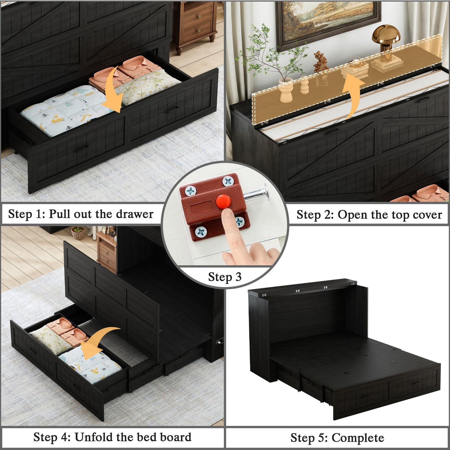 Bvldfamly Full Murphy Bed with Charging Station, Farmhouse Noisy-Free Foldable Cabinet Bed Frame with Storage Drawer, Space Saving Hideaway Wall Bed for Guest Bedroom, Living Room, Office, Black