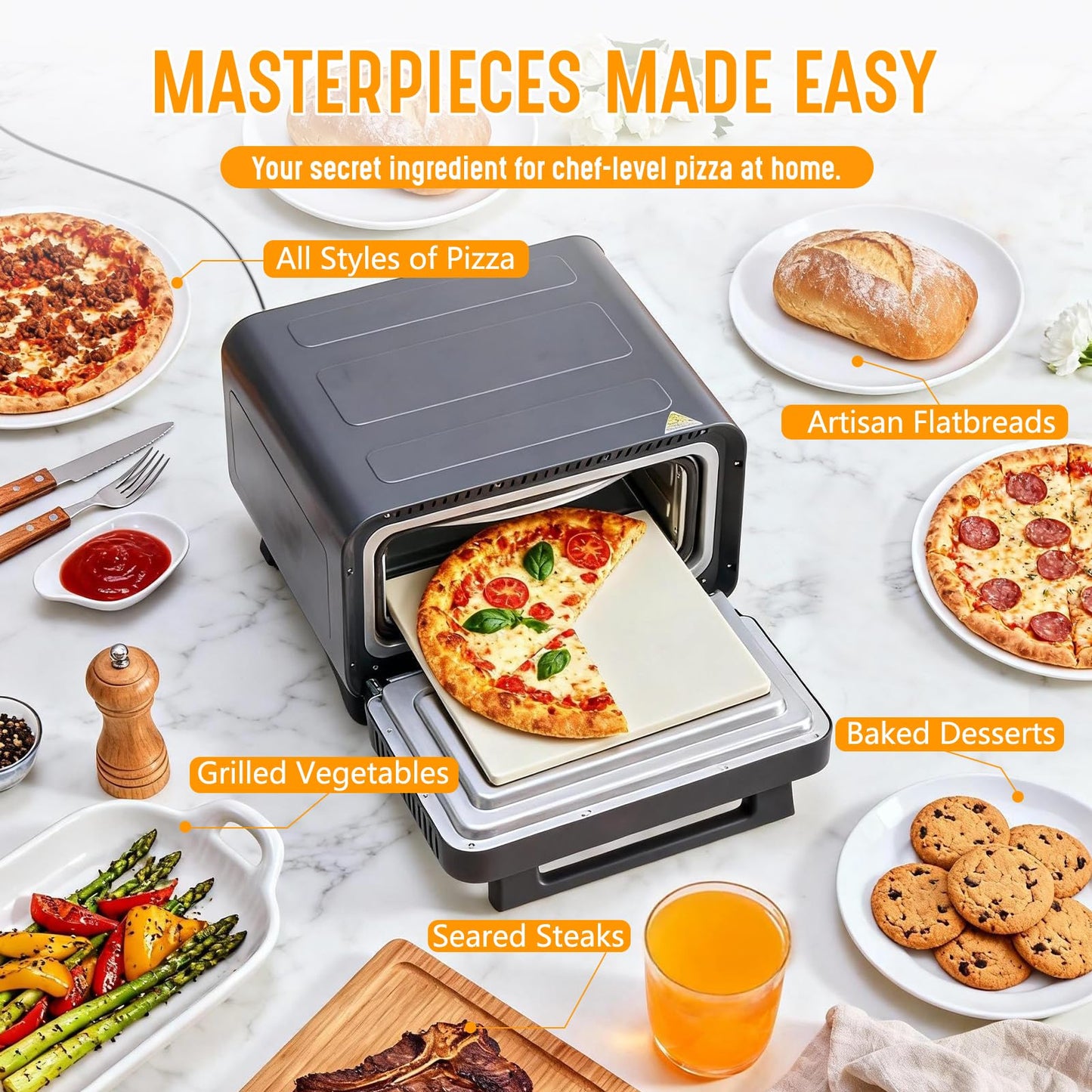 OLIXIS Pizza Oven Indoor, 1600W Electric Pizza Maker Fast Heating, 6 Presets for 12 Inches Pizzas, with Stone & Spatula, Upper-Bottom Independent Heating Temperature Control