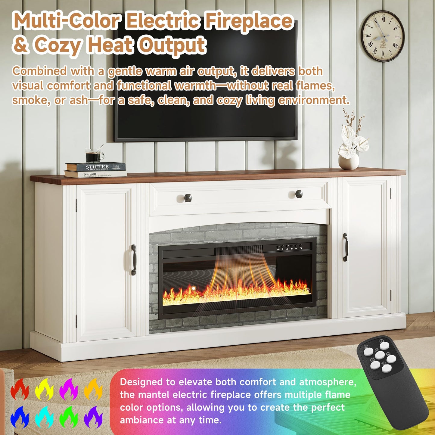 Merax Electric Fireplace TV Stand with Storage, Farmhouse Entertainment Center for Living Room, Heater Unit with Adjustable Shelves & Cable Management, MDF Wood Media Console Table, White