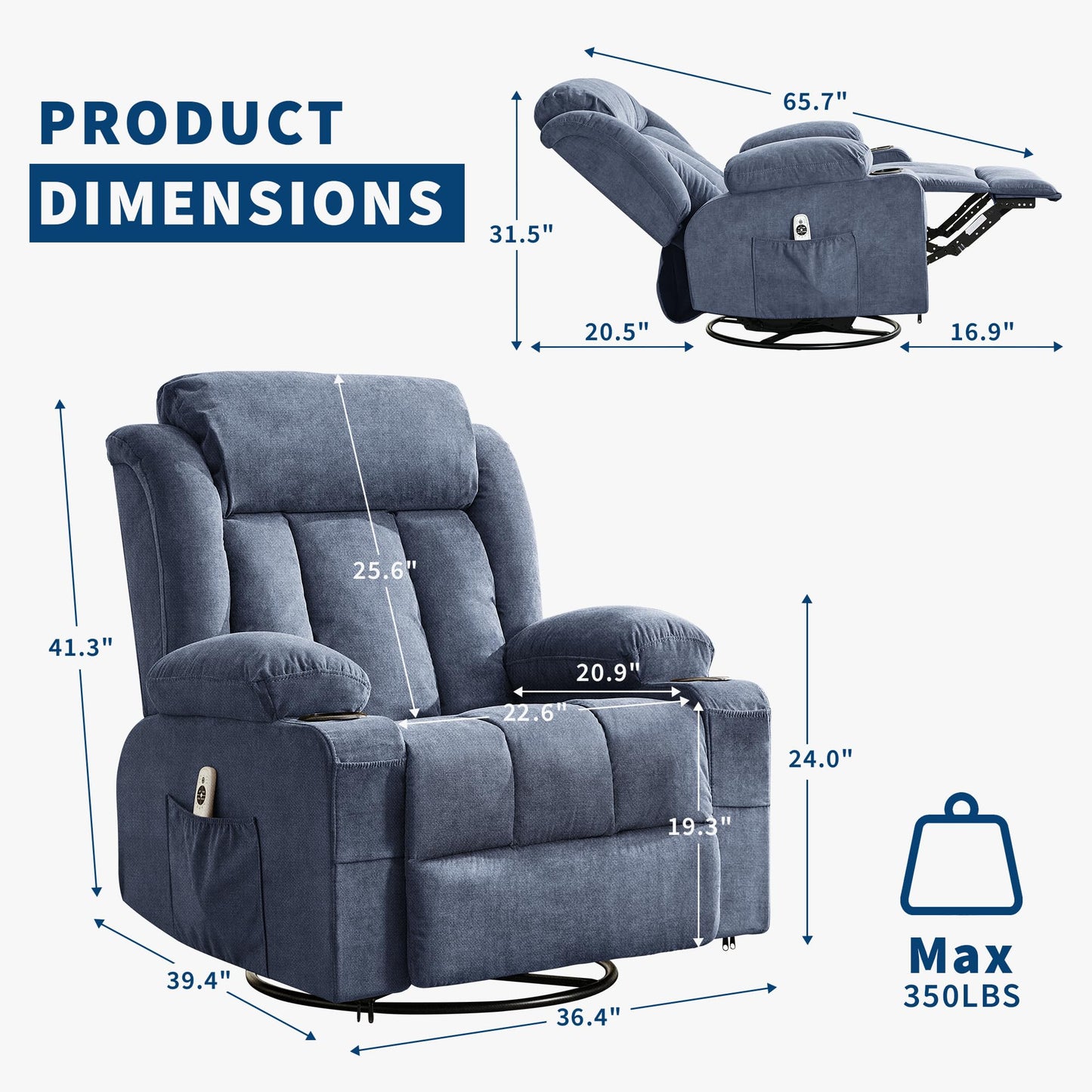 PeacefulHues Large Recliner Chair with Massage & Heat, Comfy Sofa Chair with 3 Positions, Side & Front Pockets, 2 Cup Holders for Living Room, Bedroom, Office, Lounge Area, Gray