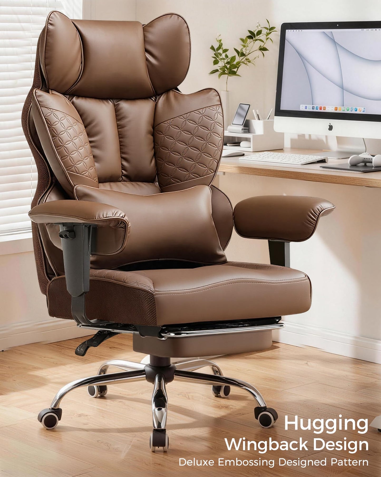 COMHOMA Big and Tall Office Chair Heavy Duty Gaming Chair with Deluxe Embossing Leather High Back Wider Ergonomic Computer Chair with Foot Rest 150°Reclining Pocket Spring Lumbar Support