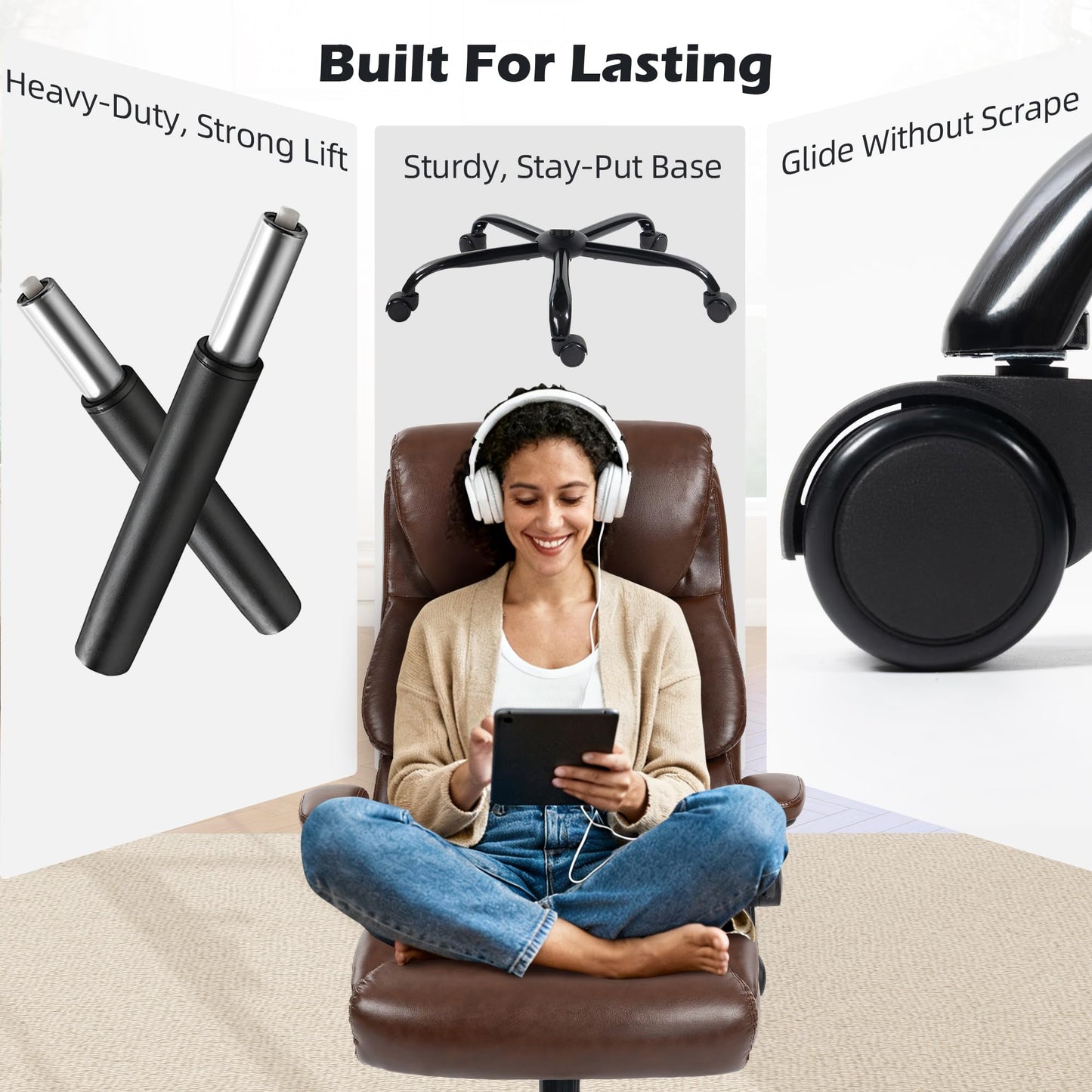 Office Chair - Ergonomic High Back Computer Desk Chair with Rocking Function & Lumbar Support - Executive Comfortable Wide Swivel Rolling Office Leather Chair with Flip-up Armrests for Home Gaming