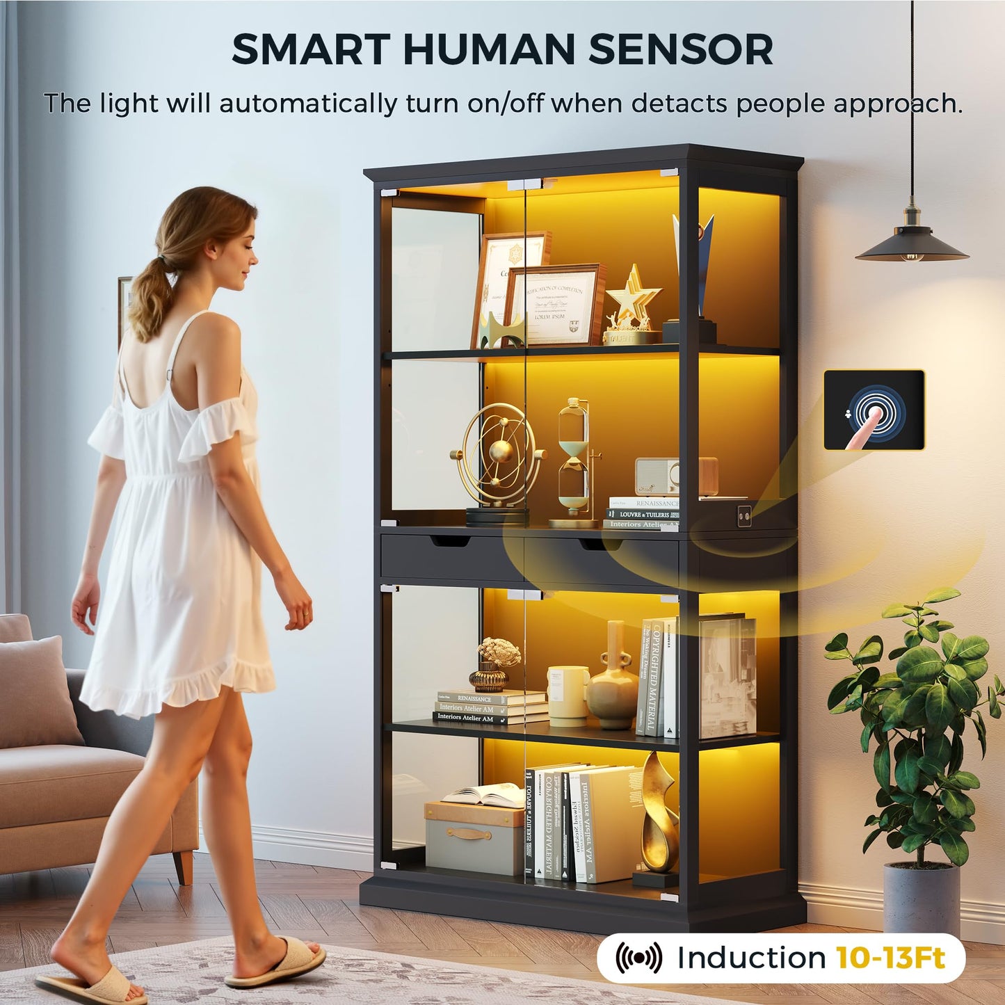 Jocoevol Display Cabinet with Glass Doors, 4-Tier Curio Cabinet with with 2 Drawers for Collectibles, Modern Glass Display Case Human Body Sensor & RGB Lights for Living/Game Room