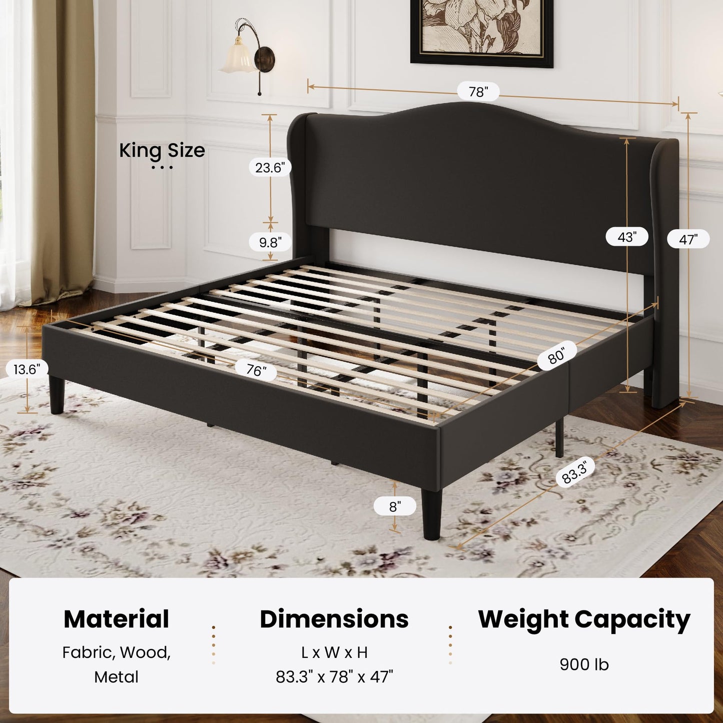 SHA CERLIN King Size Velvet Platform Bed Frame with Elegant Wingback Headboard, Modern & Luxurious Design, Sturdy Wooden Slats, No Box Spring Required, Easy Assembly, Noise-Free, Soft Black