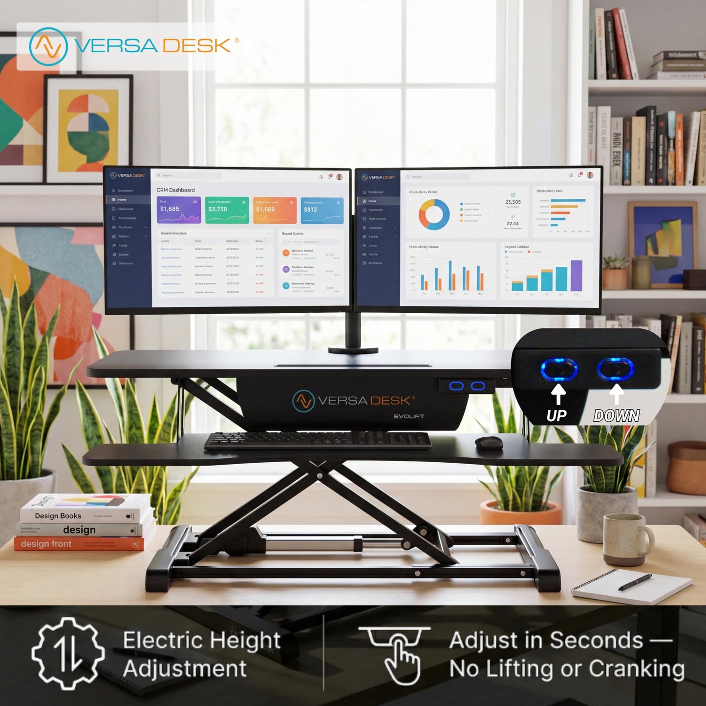 VERSADESK EvoLift 40" Electric Standing Desk Converter, Sit to Stand Motorized Desk Riser, 1-Button Easy Lift, Dual Monitor Workstation, Wide Keyboard Tray, Built-in Device Stand, Black