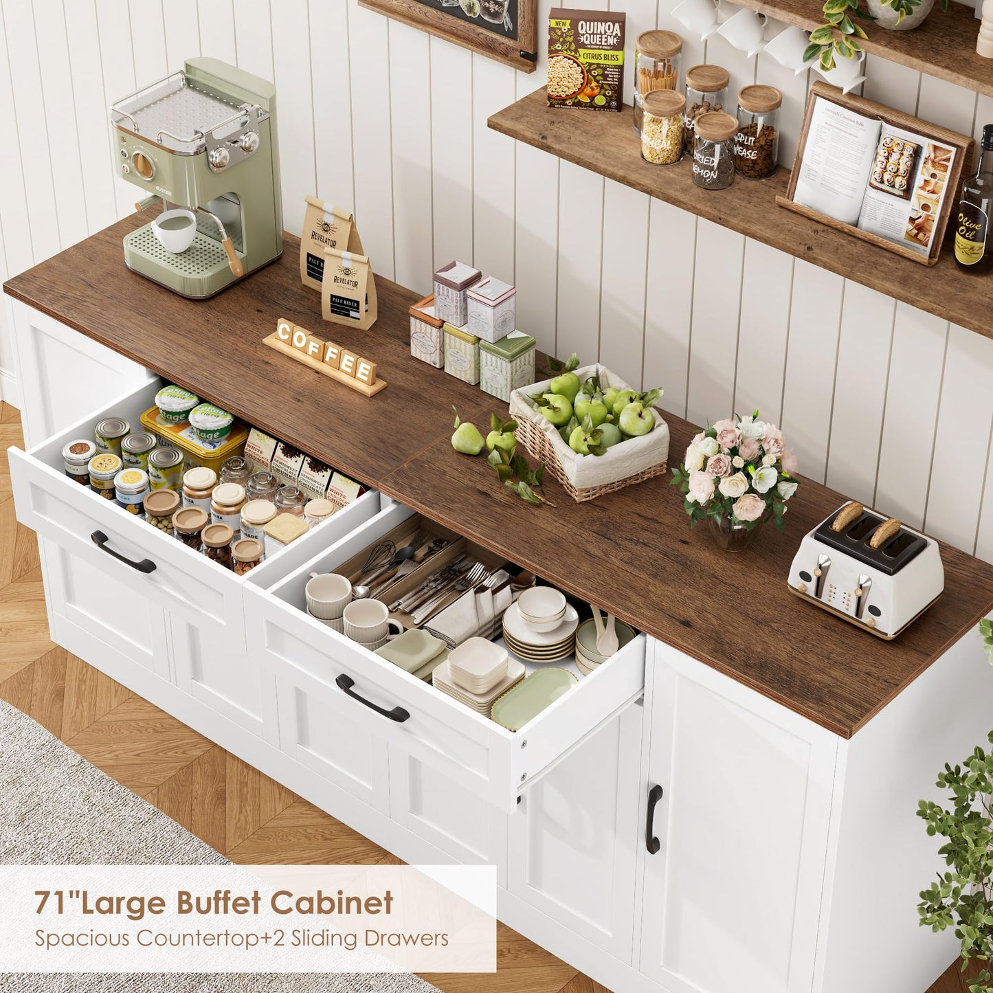 BOTLOG 71” Large Buffet Cabinet with Storage, Sideboard Buffet Cabinet with Adjustable Shelves and 6 Soft-Close Doors, Wood Coffee Bar Console Table for Kitchen, Dining Room, White