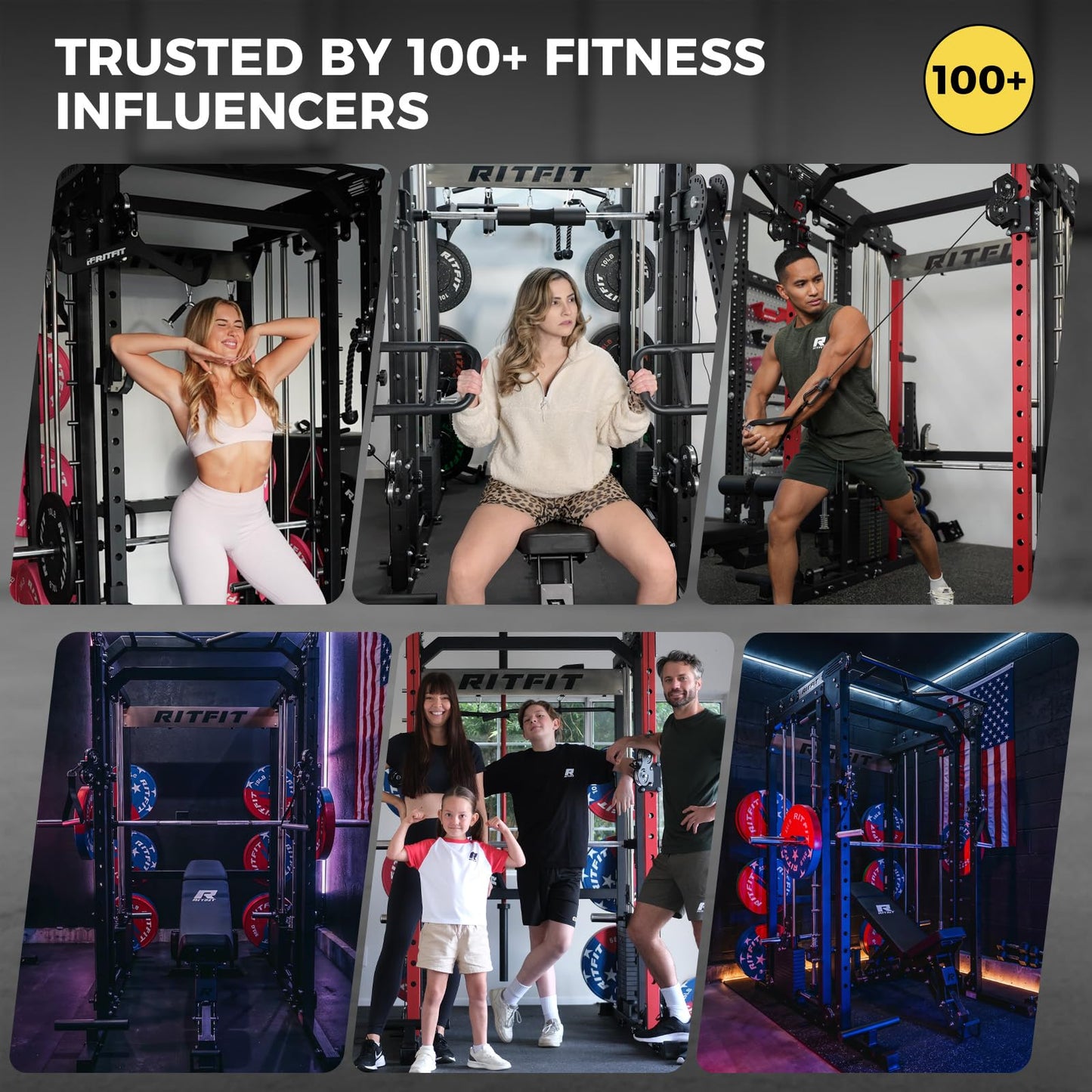 RitFit M2 Smith Machine with Cable Crossover System, 3D Functional Trainer & Power Cage, 16 Adjustment Holes, 6 Storage Pegs for Full-Body Home Gym(M2 PRO-3D Red with BP230)