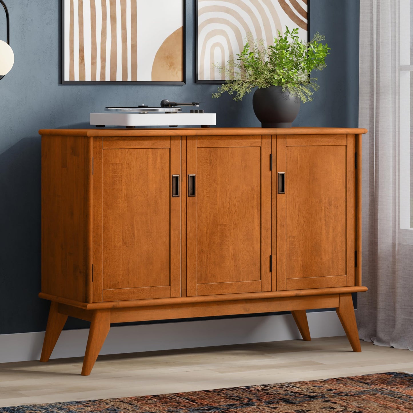 SIMPLIHOME Draper Buffet - 50 inch Wide Solid Hardwood 3-Door Sideboard Buffet in Teak Brown, Mid-Century Modern Cabinet for Dining Room or Kitchen with Adjustable Shelves and Tapered Legs