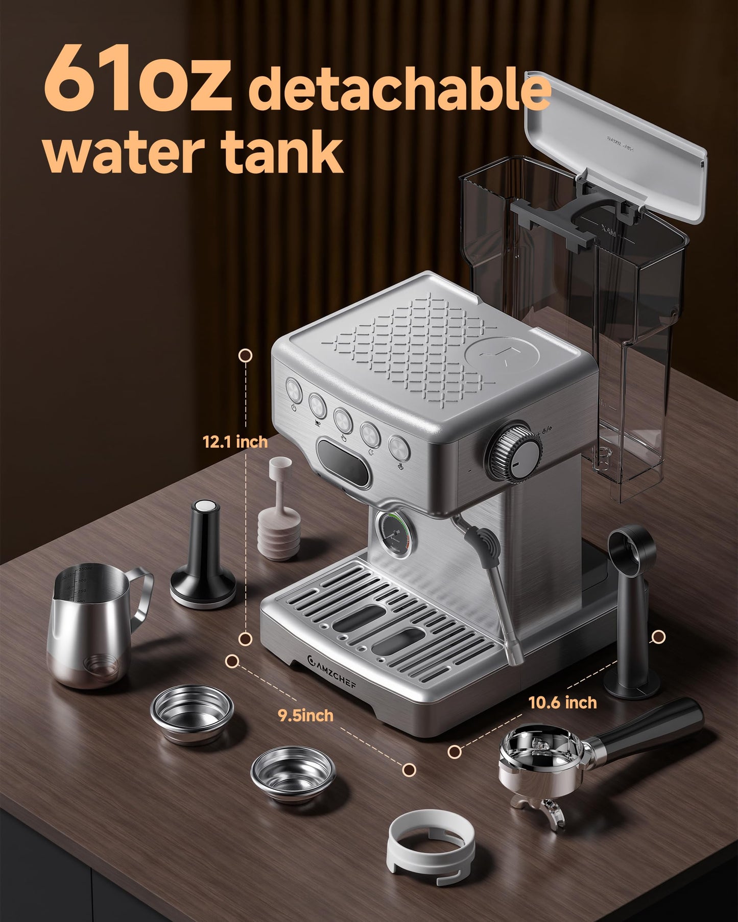 AMZCHEF Ultra Espresso Machine, 58mm Professional with PID Temperature Control for Light to Dark Roast Beans, Built-in Pressure Gauge & 10mm Steam Wand，Provides Barista-Level Lattes and Cappuccinos