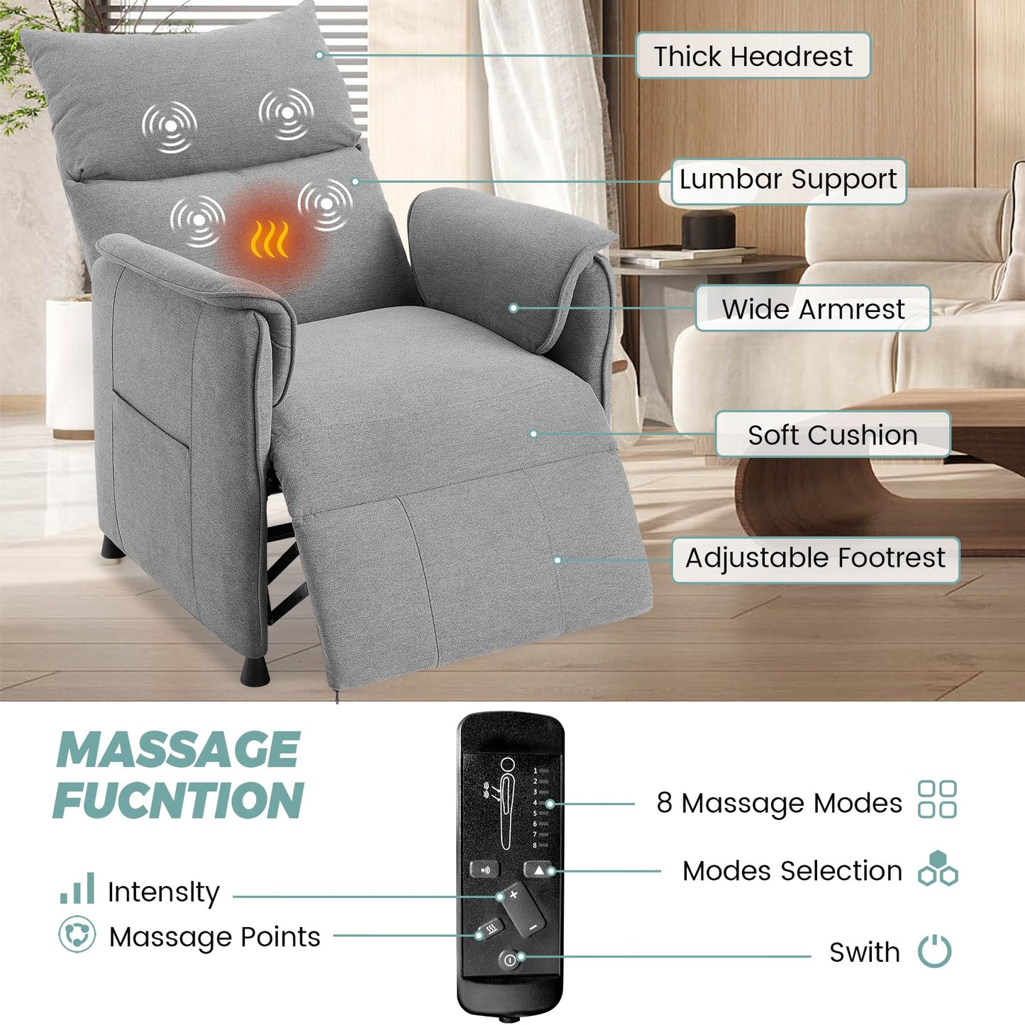 GarveeHome Elertric Recliner Chair with Massage and Heat, Adjustable Single Recliners Sofa with Remote Control Home Theater Seating &Armchair for Living Room/Office (Fabric, Grey)