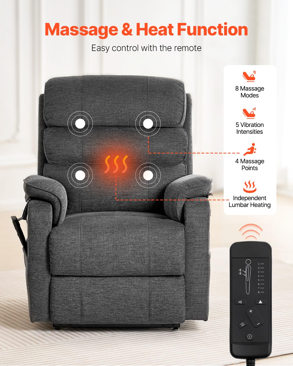 VEVOR Power Lift Recliner Chair, Dual Motor Lift Chair with Heat and Massage for Elderly, Infinite Position Adjustment Electric Recliner with 2 Anti-Fall Ropes (Medium, Dark Gray)