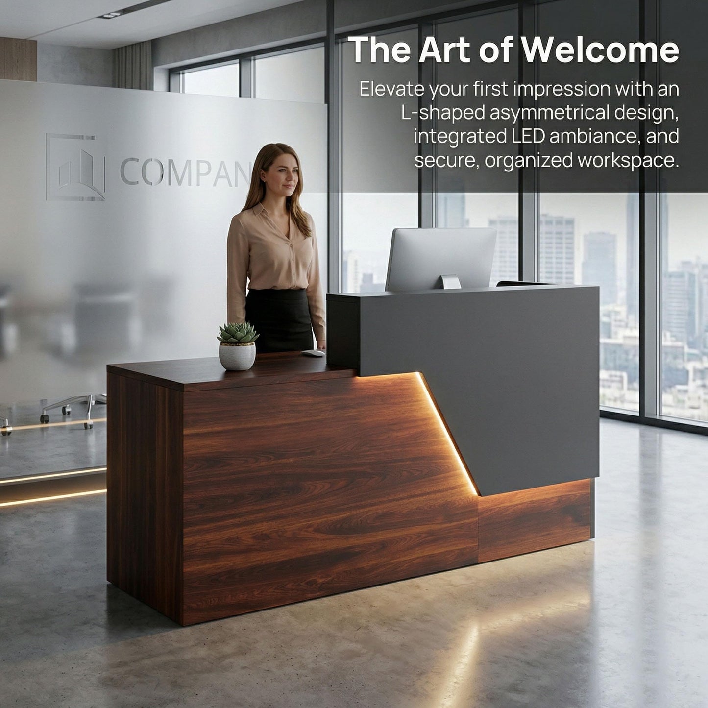 ansespl L Shaped Reception Desk with Counter,63/71inch Reception Room Table with Lockable Drawers & Keyboard Tray, for Office, Salon, Hotel & Clinic (Walnut/Slate Gray, 71" L x 23.6" W x 39.4" H)