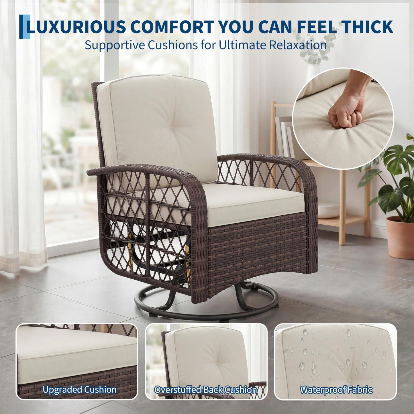 3 Pieces Patio Furniture Set, Outdoor Swivel Glider Rocker Set w/Washable Cushion and Tempered Glass Tabletop, Conversation Furniture for Deck Porch Balcony Backyard Garden,Brown & Beige